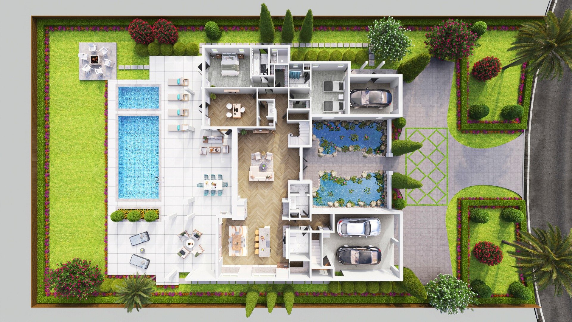 Top-down view of a house with a backyard featuring two swimming pools, outdoor lounge areas, landscaped gardens, a pond, driveway with cars, and various trees and shrubs.