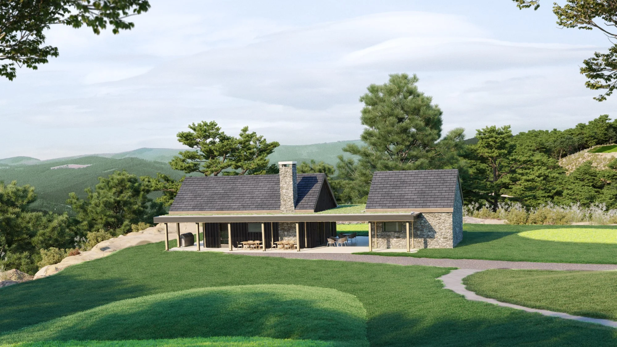 Modern house with stone exterior and dark roof, surrounded by lush green lawn and trees, with mountains in the background.