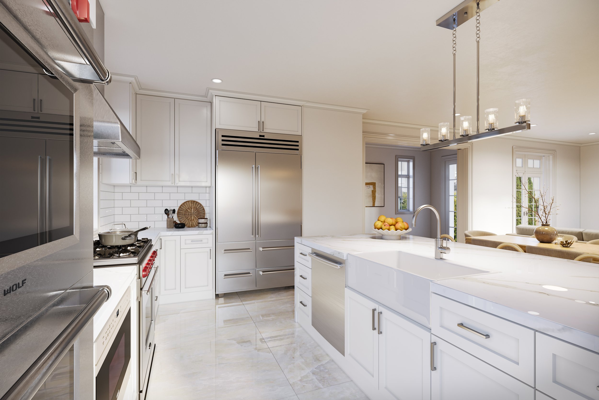 A photorealistic 3D kitchen rendering made by Panoram CGI, featuring white cabinetry, a large marble island with an apron sink, stainless steel Wolf and Sub-Zero appliances, and white subway tile backsplash.