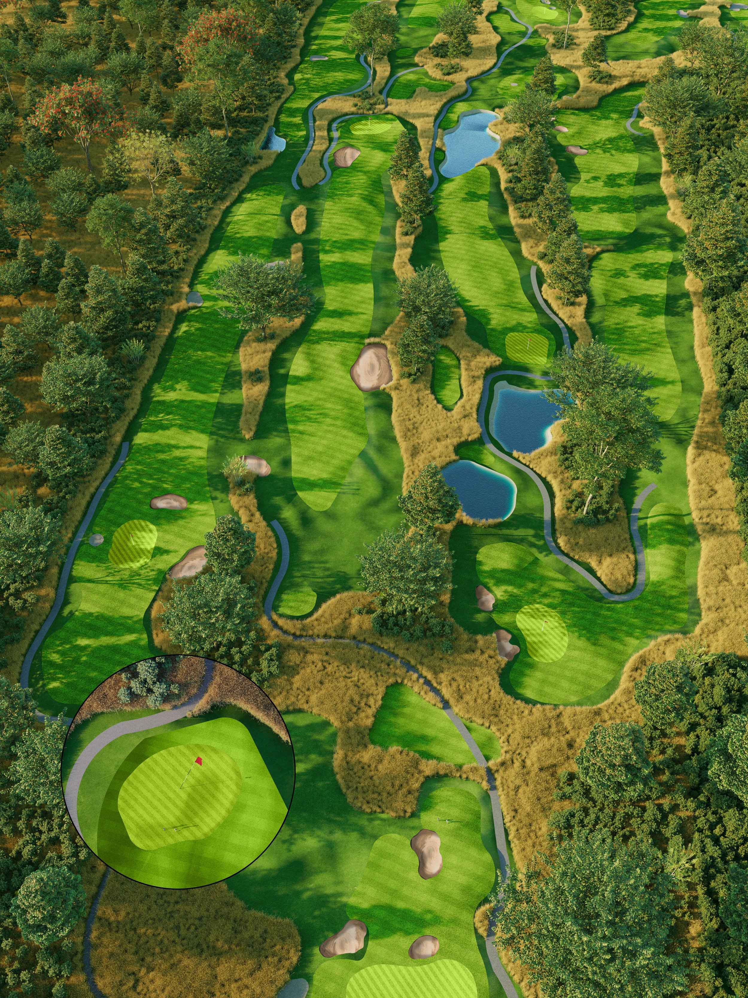 Aerial view of a golf course with multiple holes, water hazards, sand bunkers, and wooded areas, highlighting a specific putting green with a flag.
