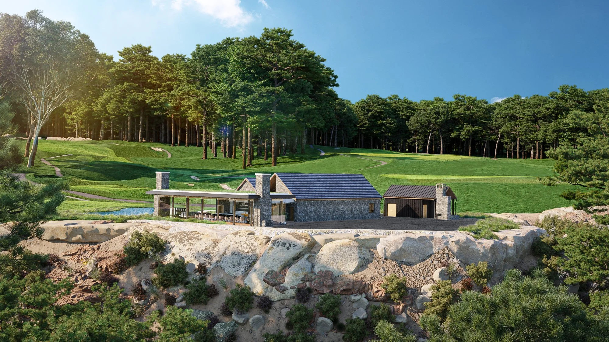 A modern house with stone and wood exterior sits on a rocky terrain surrounded by green shrubs and trees, overlooking a golf course with lush fairways and tall trees under a partly cloudy sky.