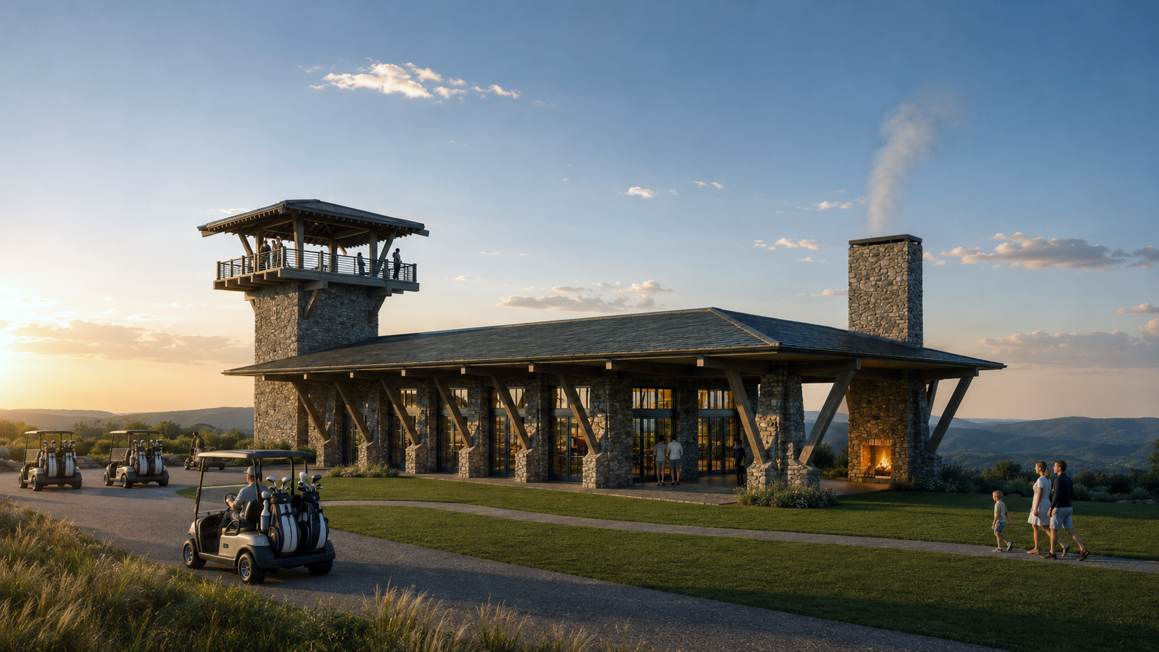 THe Keep at the Maclemore Golf Course rendering of North Outpost. Sleek stone architecture with an observation deck to view the mountains in Rising Fawn, Georgia.