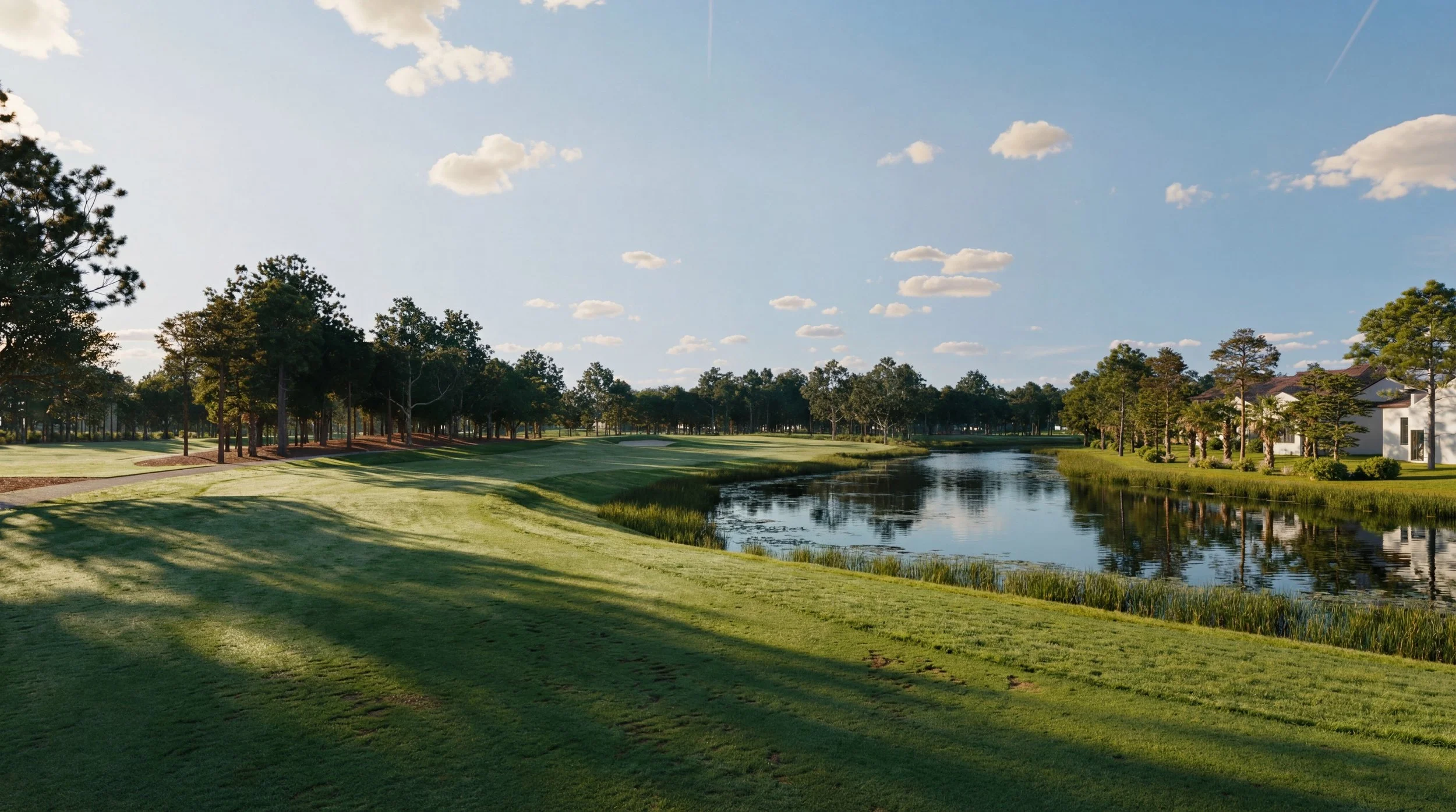 Panoram CGI golf course rendering of a ground view of the tee. With blue sky, lake, golf cart path and surrounding trees.