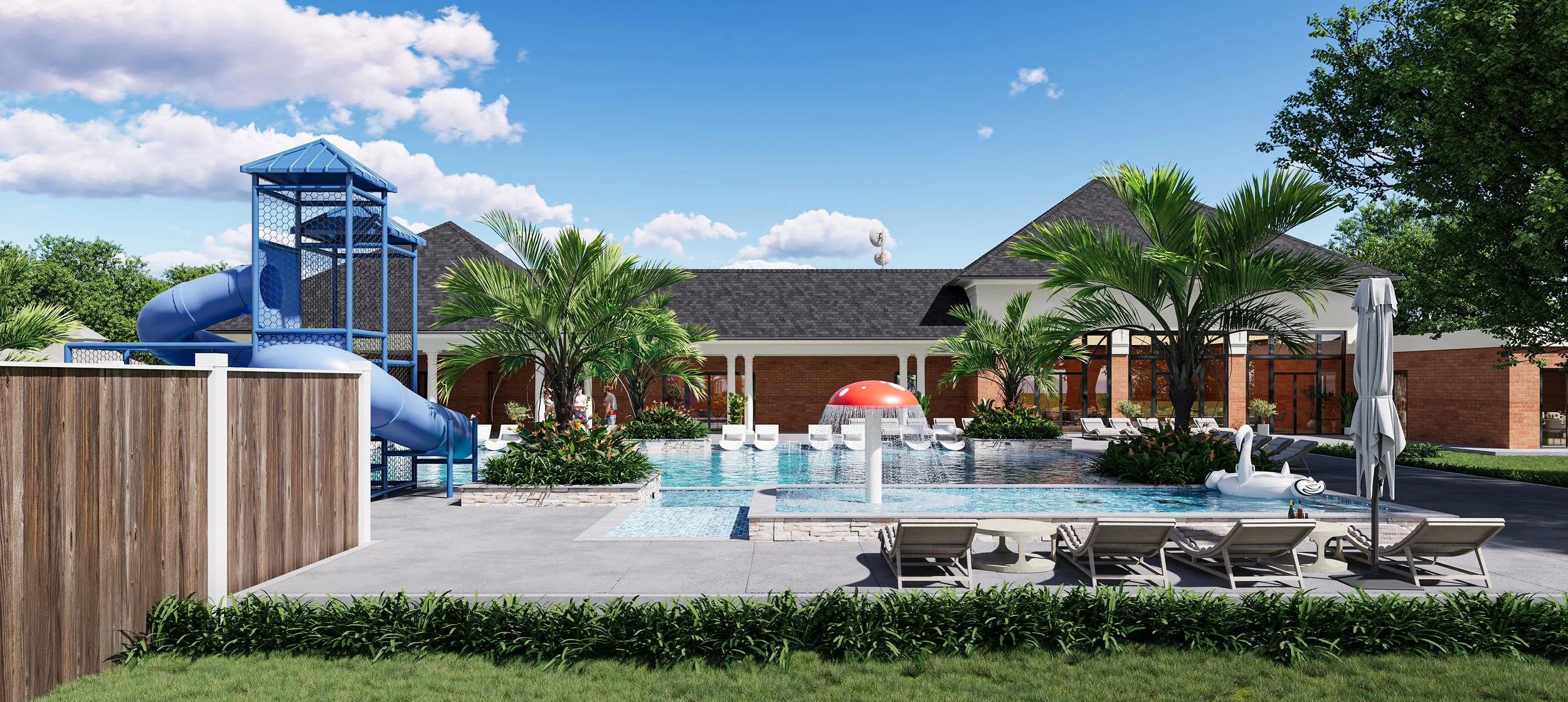 A vibrant rendering of a community pool featuring a fun water slide