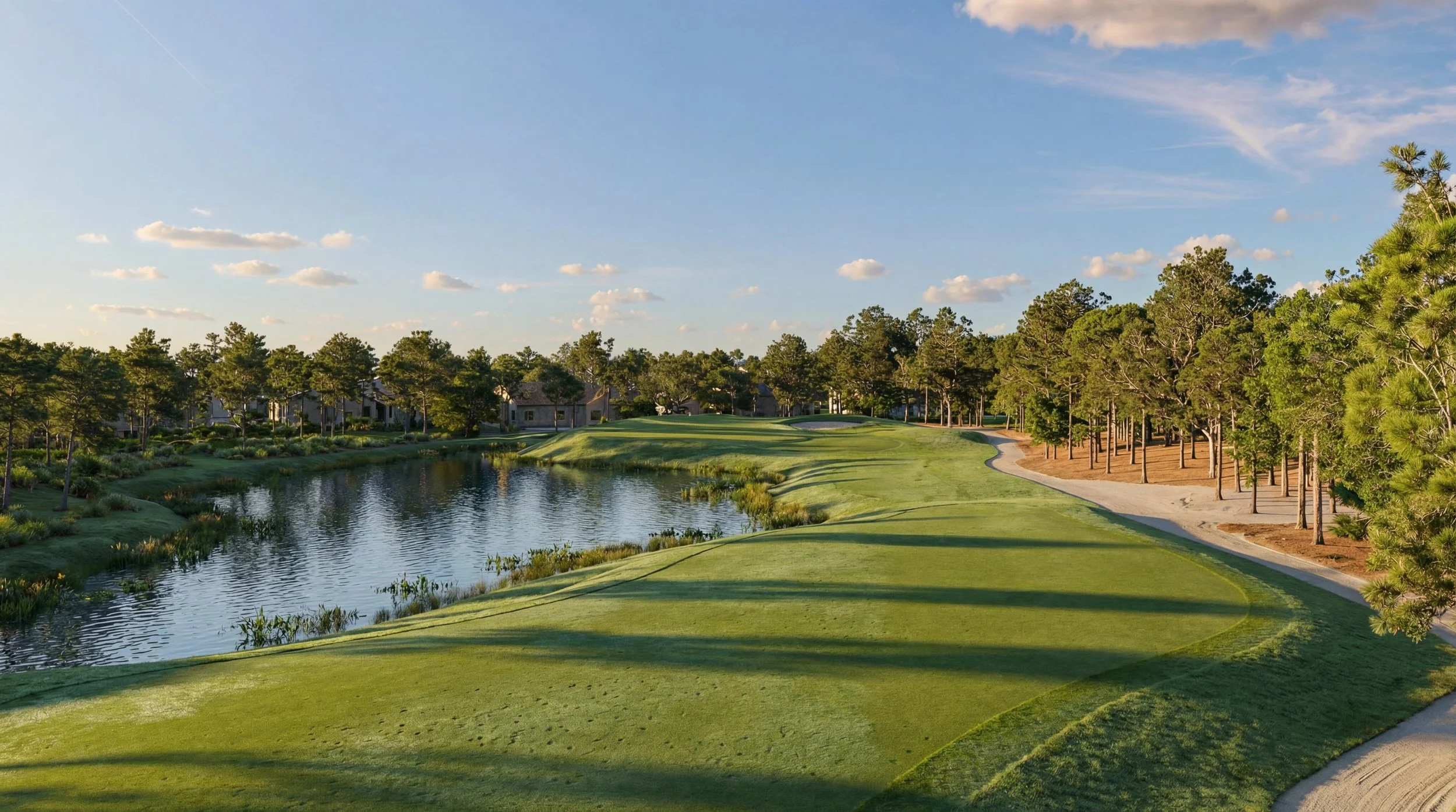 Panoram CGI golf course rendering of a ground view of the tee. With blue sky, lake, golf cart path and surrounding trees.