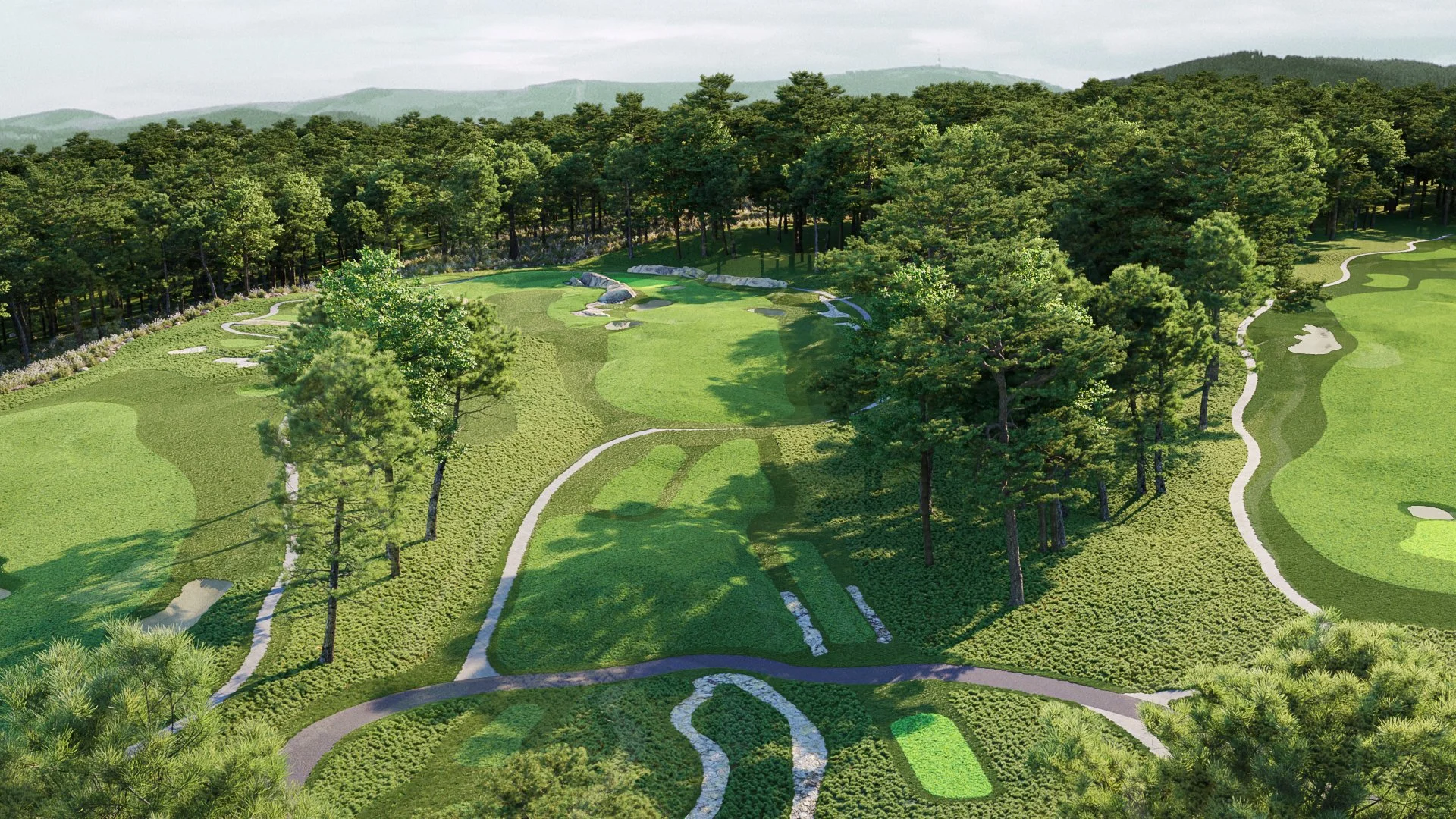 Aerial view of a golf course surrounded by dense trees, with pathways and sand traps visible on the green landscape.