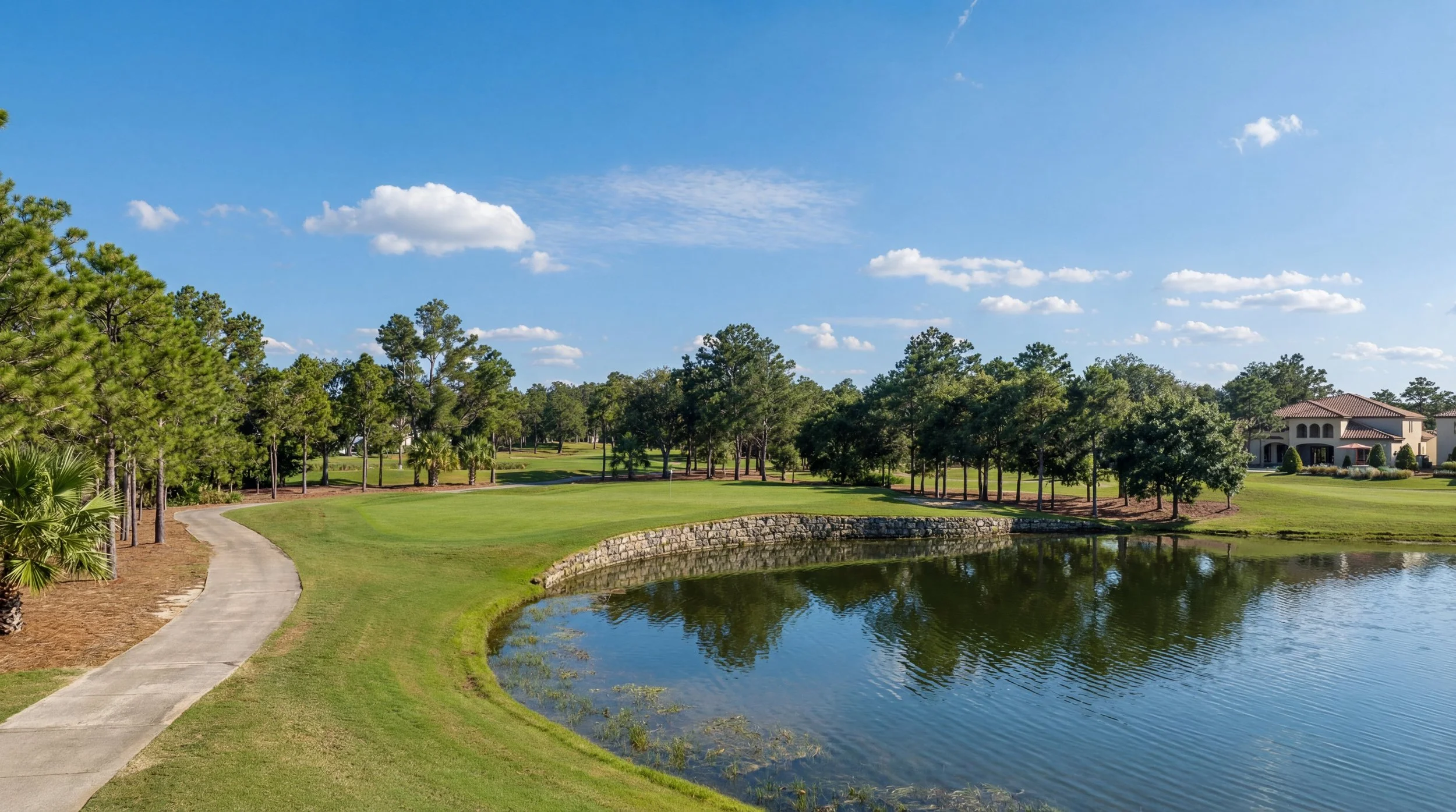 Panoram CGI golf course rendering of a ground view of the tee. With blue sky, lake, golf cart path and surrounding trees.