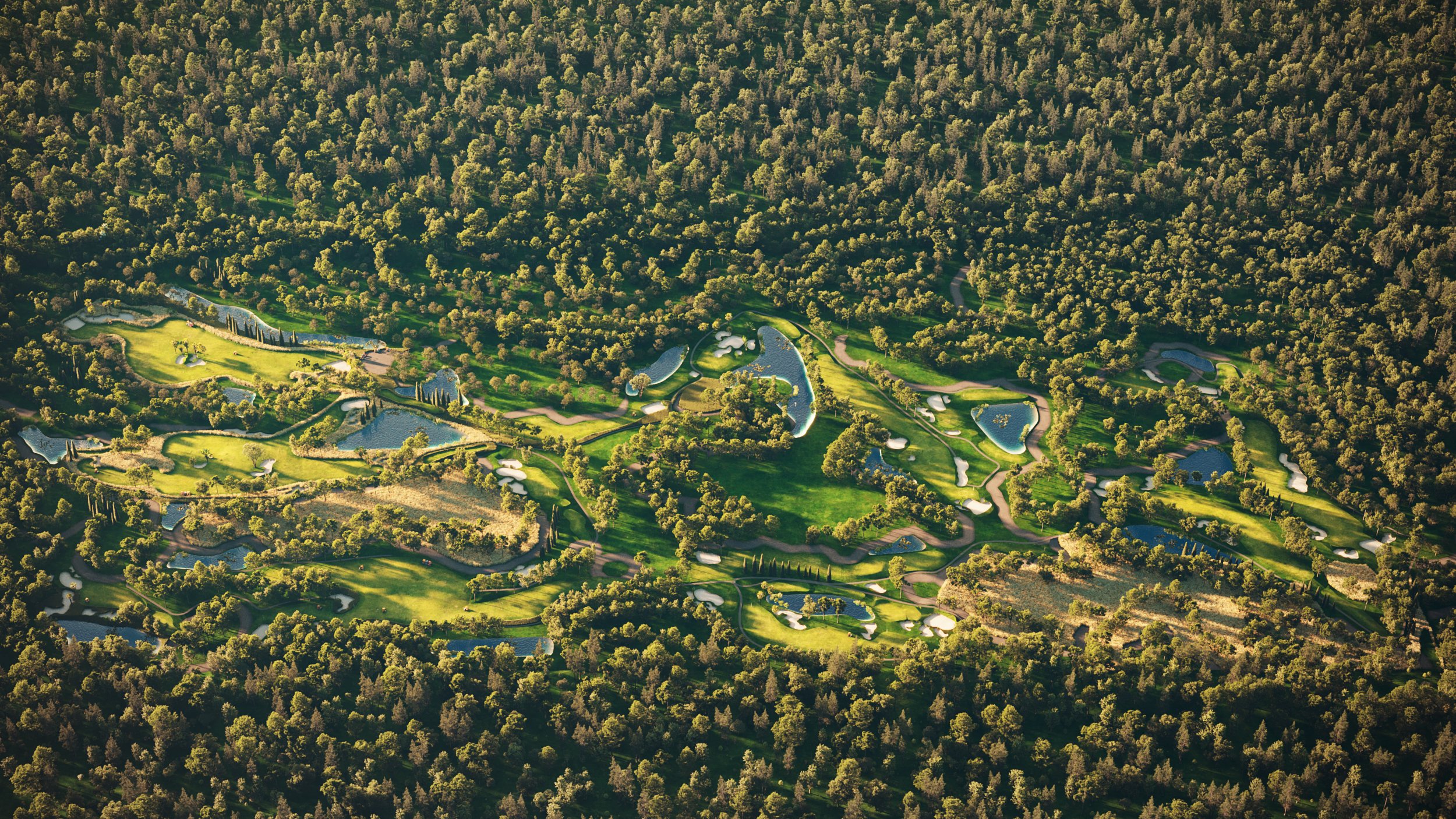 Aerial view of a golf course surrounded by dense forest with multiple water hazards and sand bunkers.
