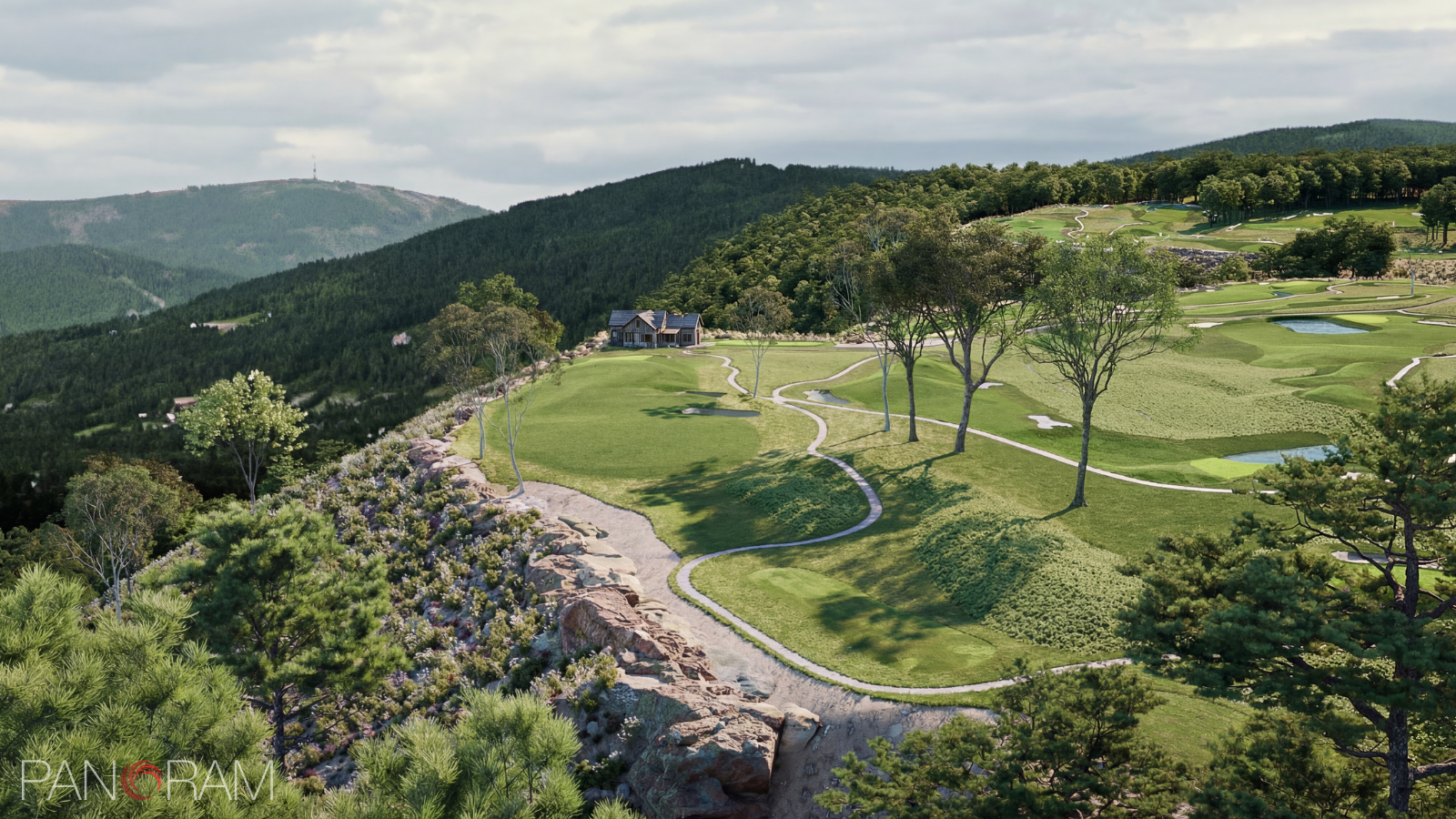 3d rendering of a golf course on a hillside with winding pathways, trees, water hazards, and a small house, surrounded by green mountains under a partly cloudy sky by Panoram CGI.