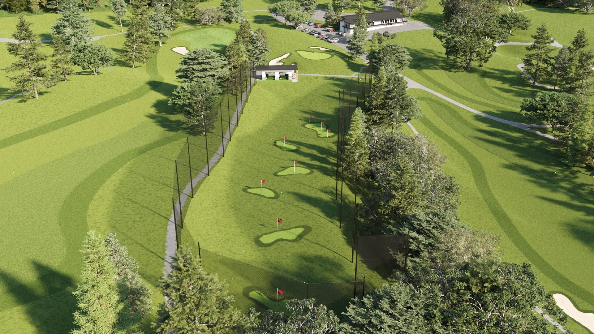 Aerial view of a golf practice area with multiple putting greens, surrounded by trees and a fence, with a clubhouse and parking lot in the background.