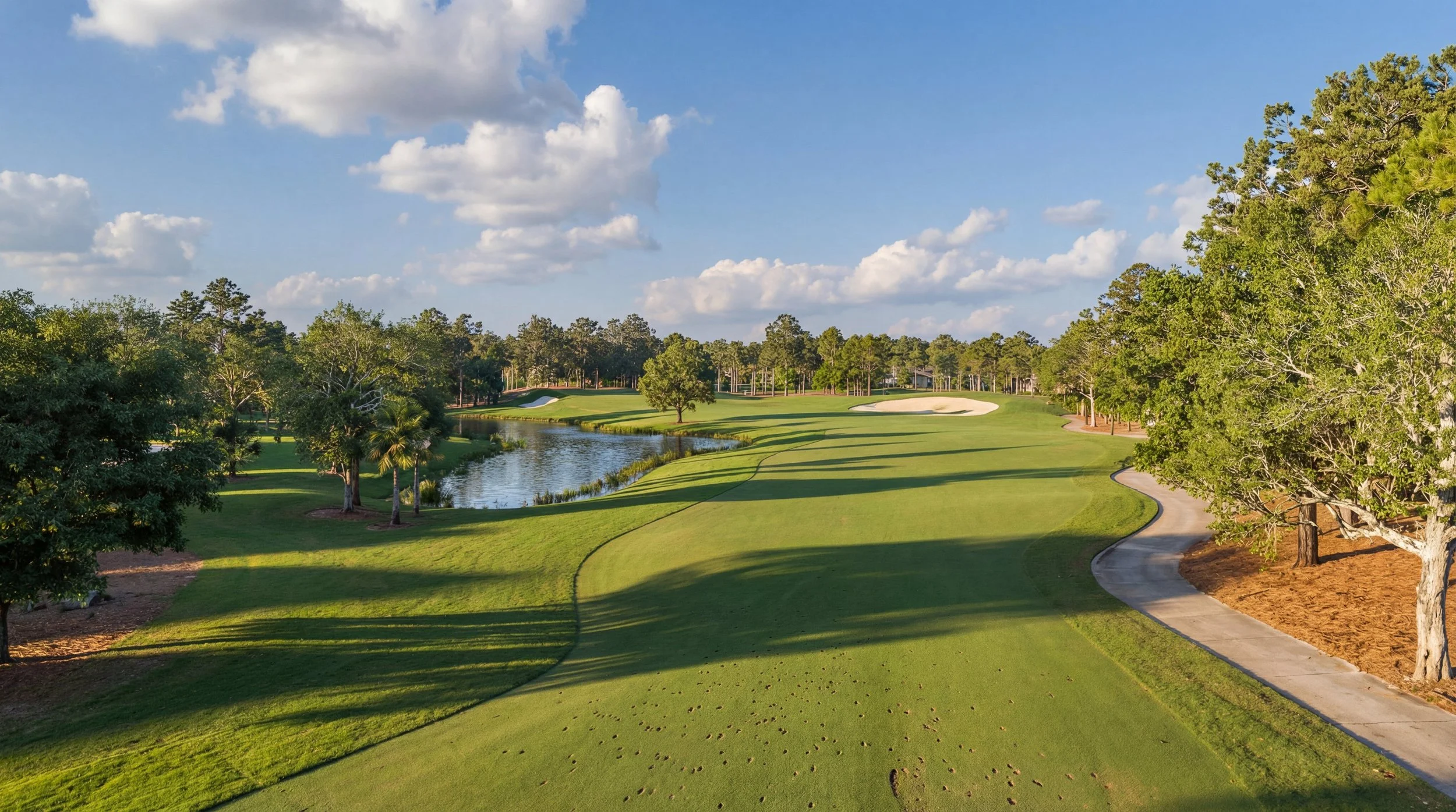 Panoram CGI golf course rendering of a ground view of the tee. With blue sky, lake, golf cart path and surrounding trees.