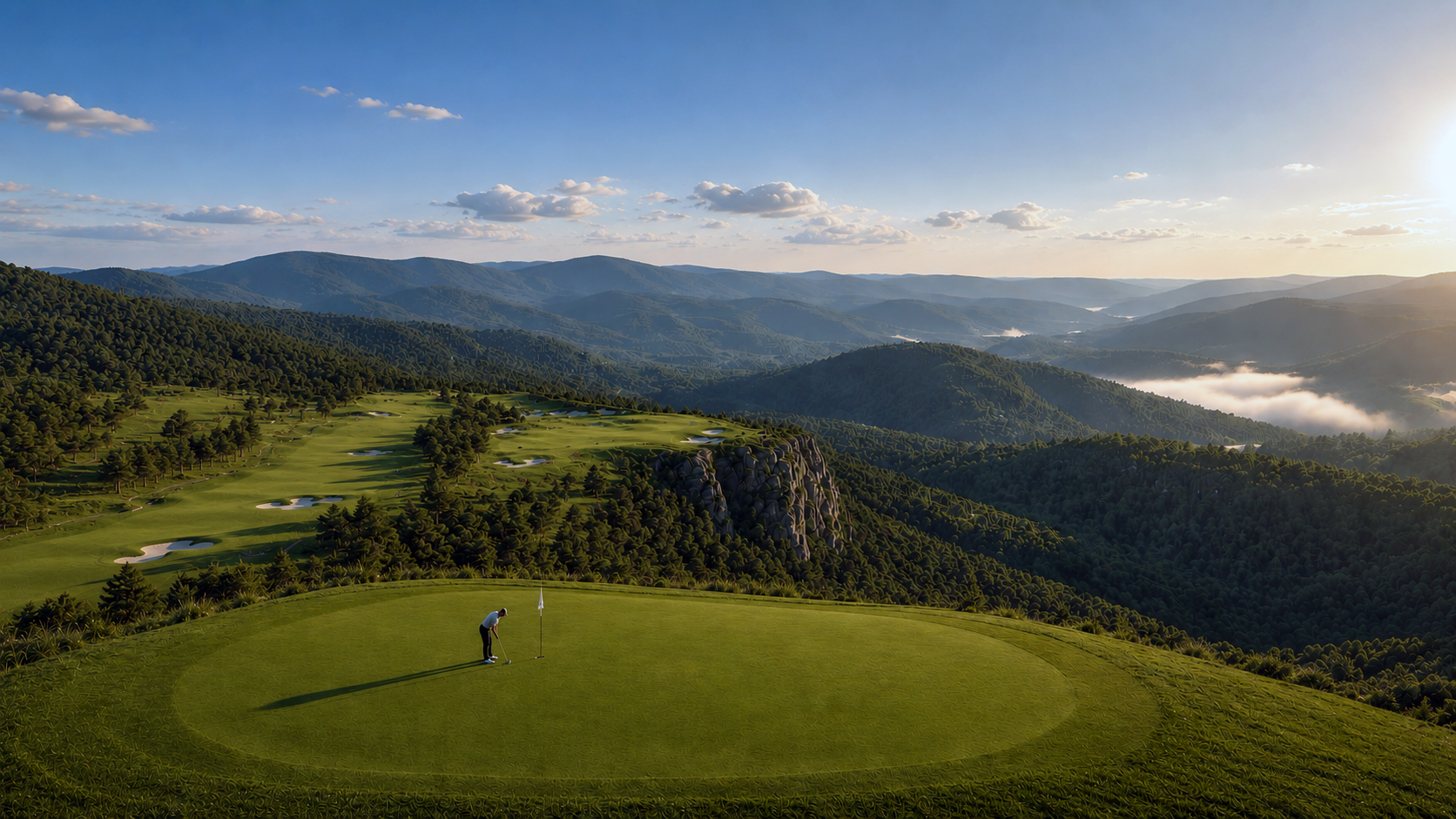 A photorealistic 3D rendering of a  golfers perspective  of the keep golf course at the Mclemore resort.  THe golfer is putting in the green over looking the cliff and mountains of Georgia.