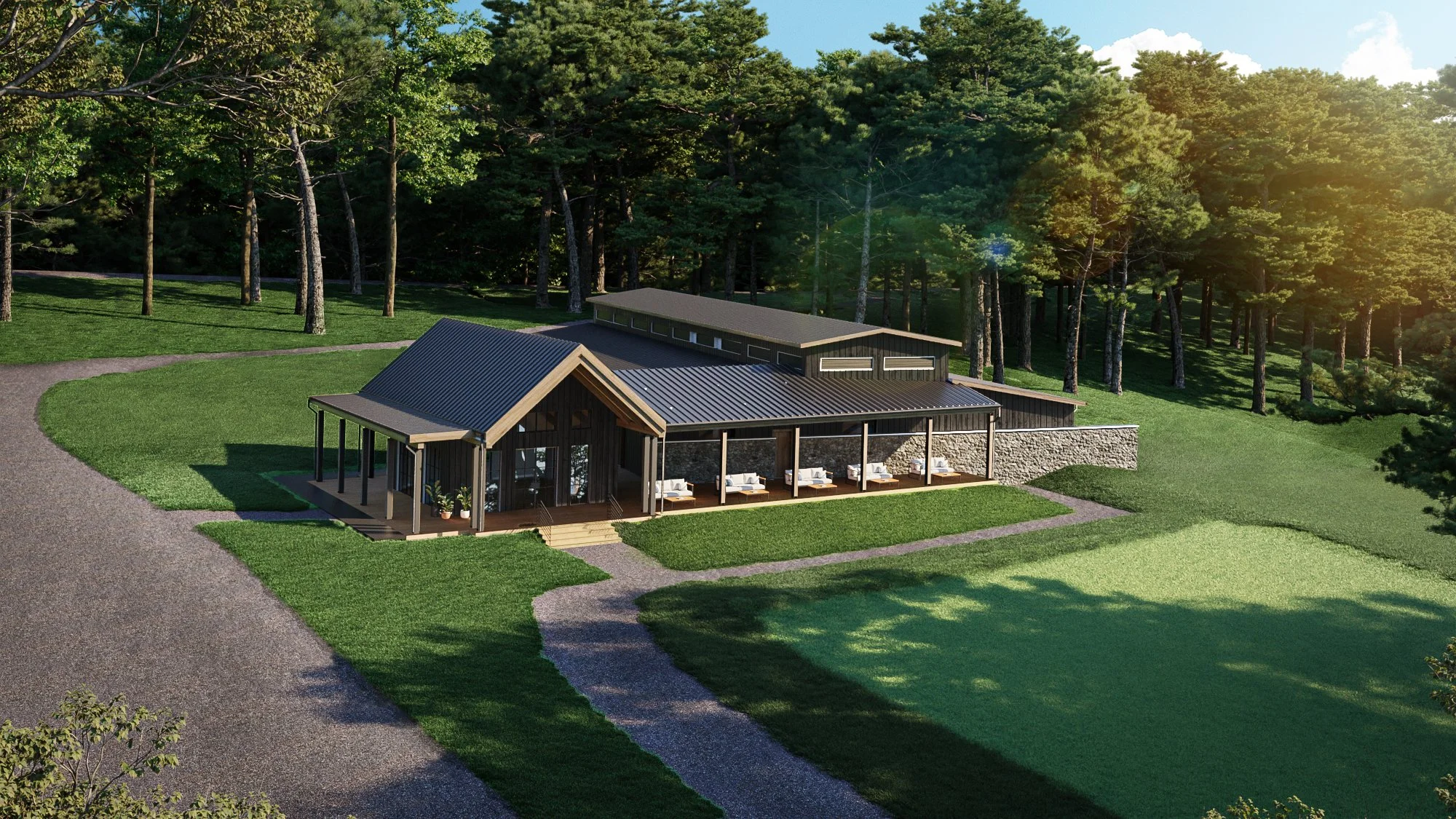 A modern house with a dark exterior, large windows, and a curved covered porch, situated in a lush, green forested area with a winding gravel driveway leading to it.