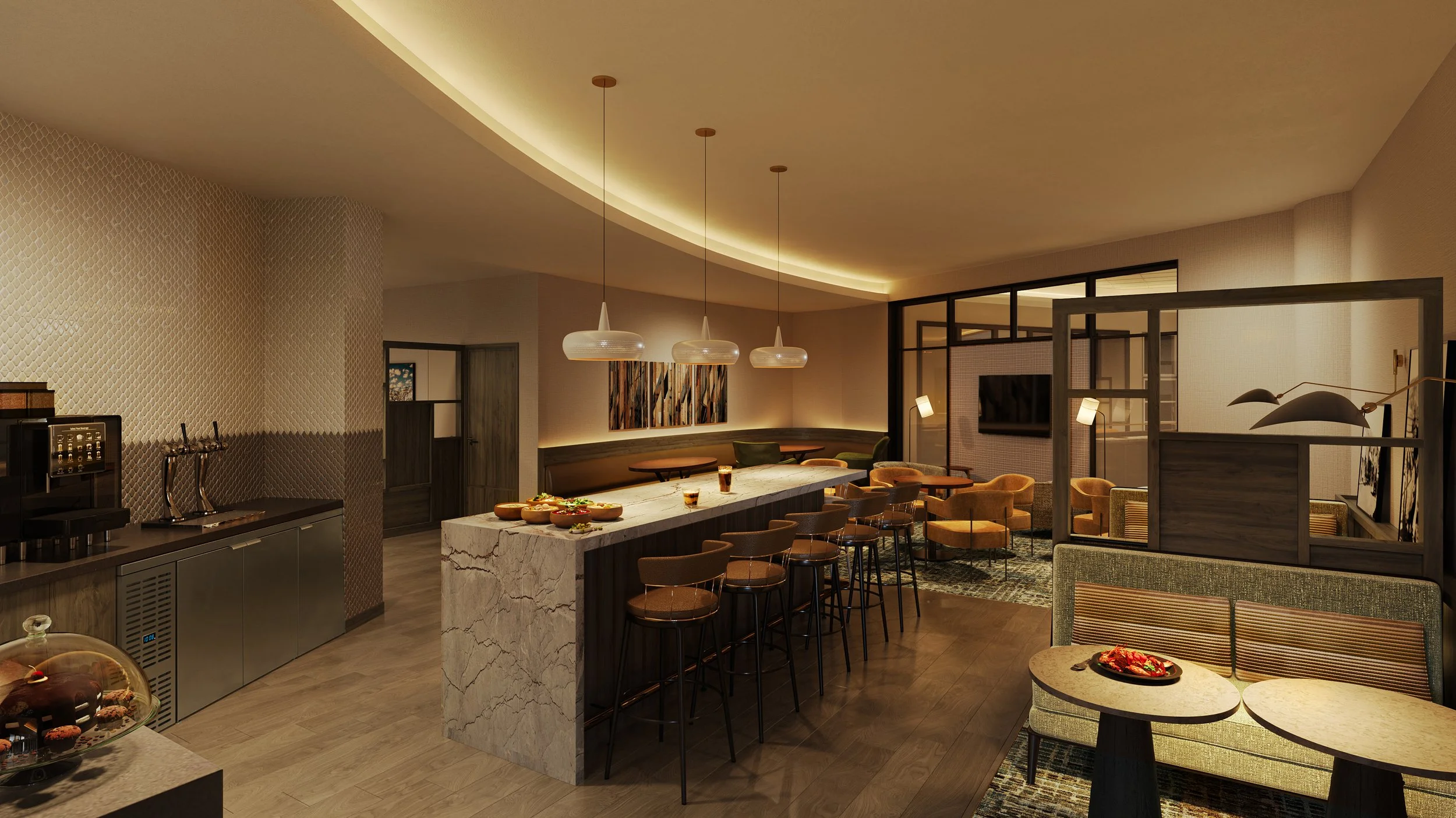 Modern lounge area with a marble-topped bar, bar stools, a seating area with armchairs, and decorative lighting.