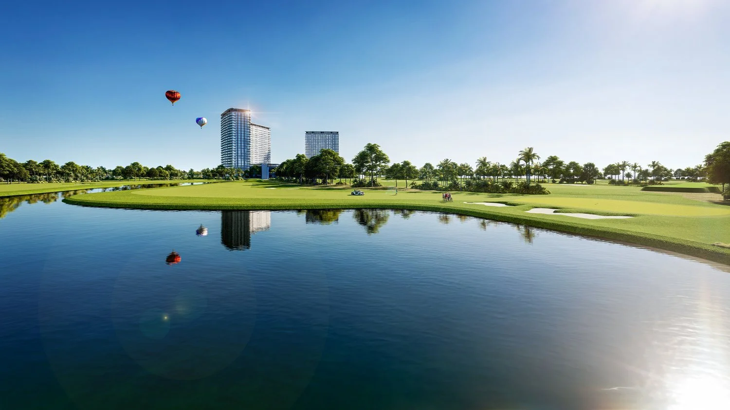 A photo realistic rendering of a scenic view of a golf course with a water hazard in the foreground, green grass, trees, and high-rise buildings in the background, with hot air balloons in the sky.