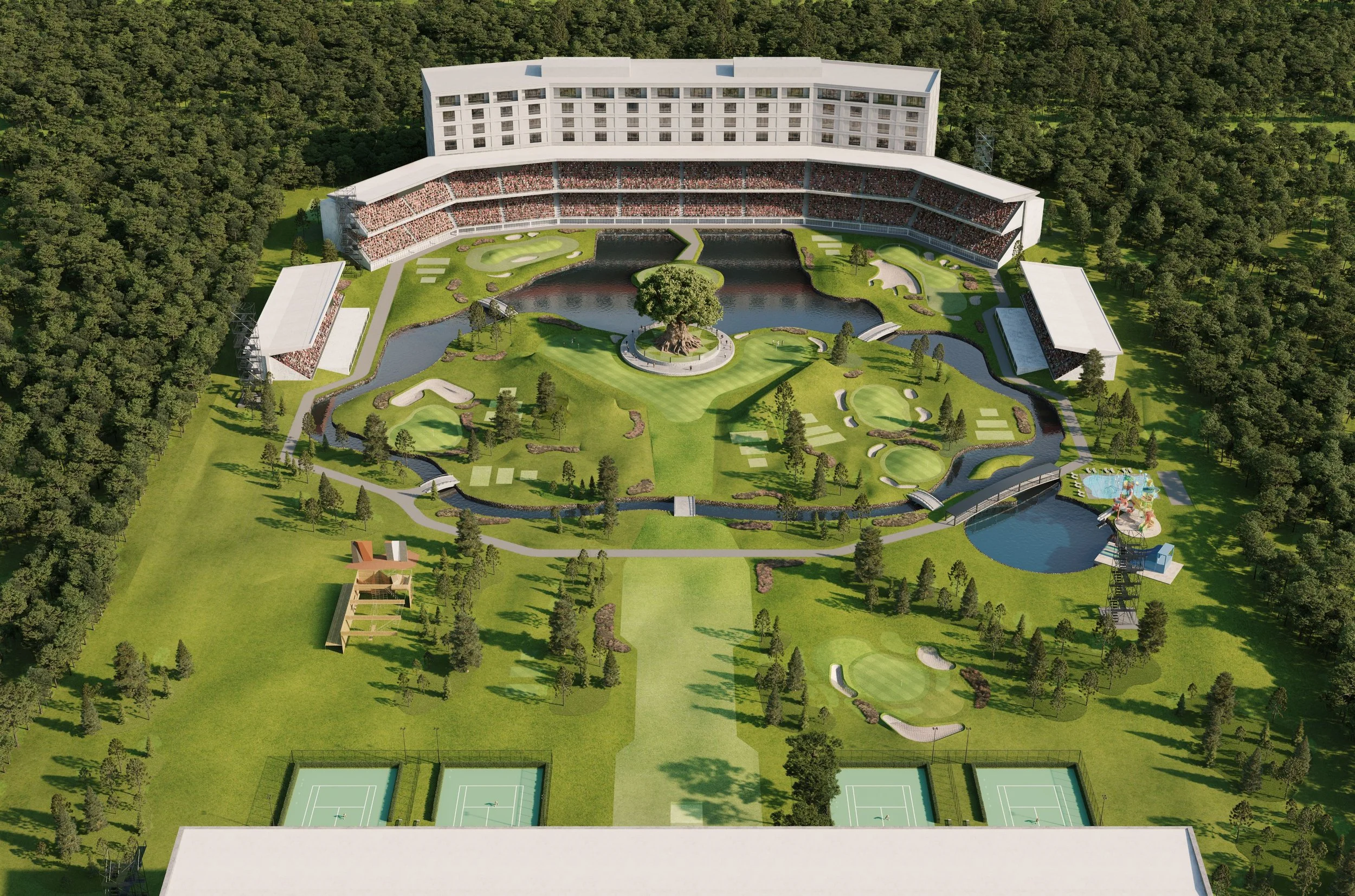 Aerial view of a large golf resort with a central water feature, multiple golf courses, tennis courts, and surrounding trees.