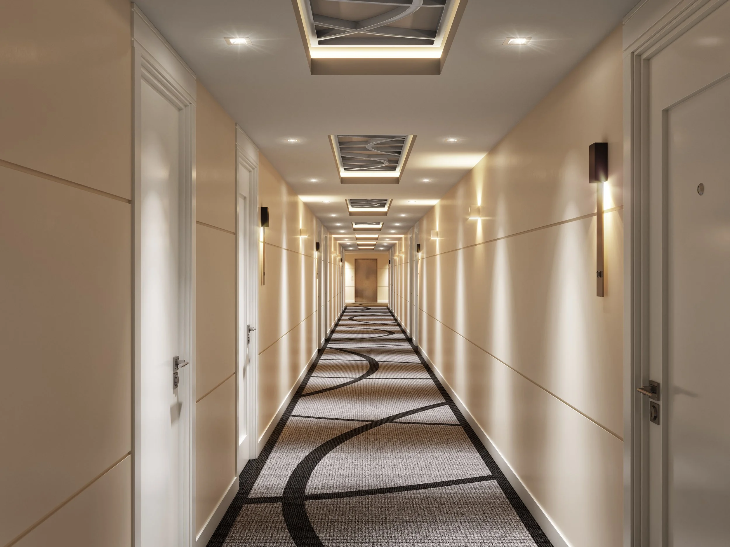 A realistic rendering of a hotel corridor with beige walls, decorative lighting, and closed white doors on both sides, with a patterned carpet on the floor.