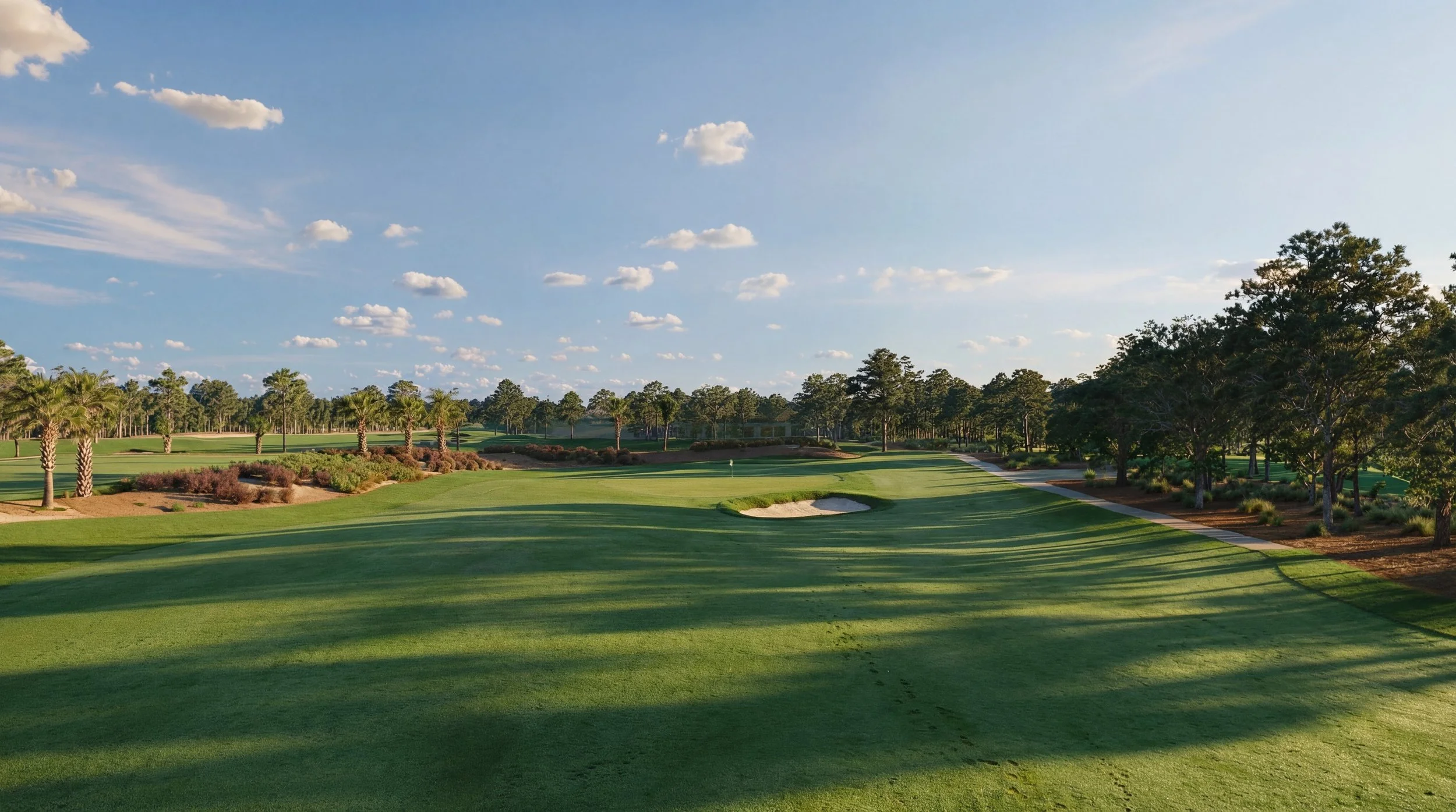Panoram CGI golf course rendering of a ground view of the tee. With blue sky, lake, golf cart path and surrounding trees.