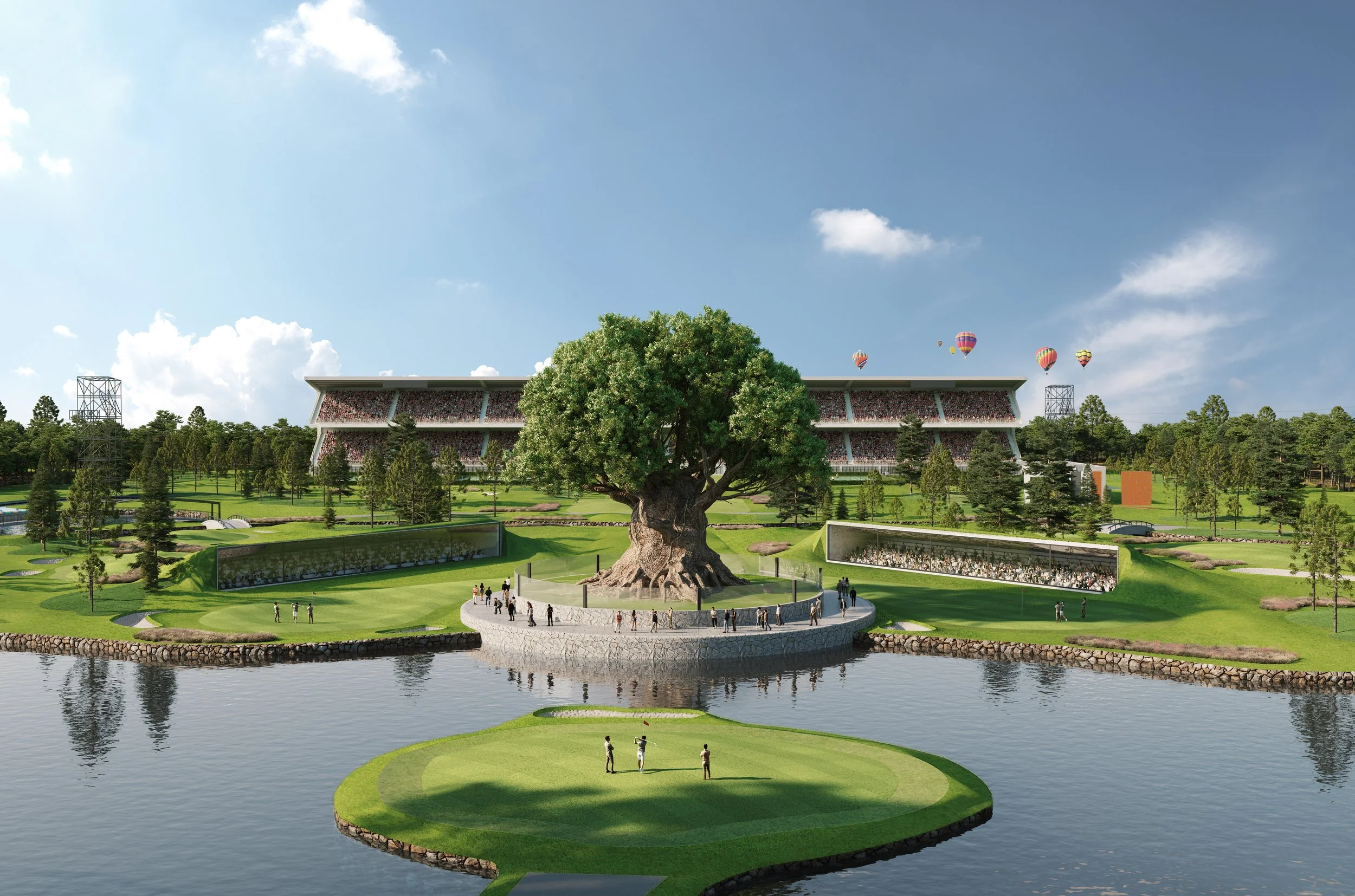 A large outdoor golf course with a distinctive giant tree at the center, surrounded by water, and spectators watching from the sidelines. In the background, a sports stadium is visible with a crowd, and there are hot air balloons in the sky.