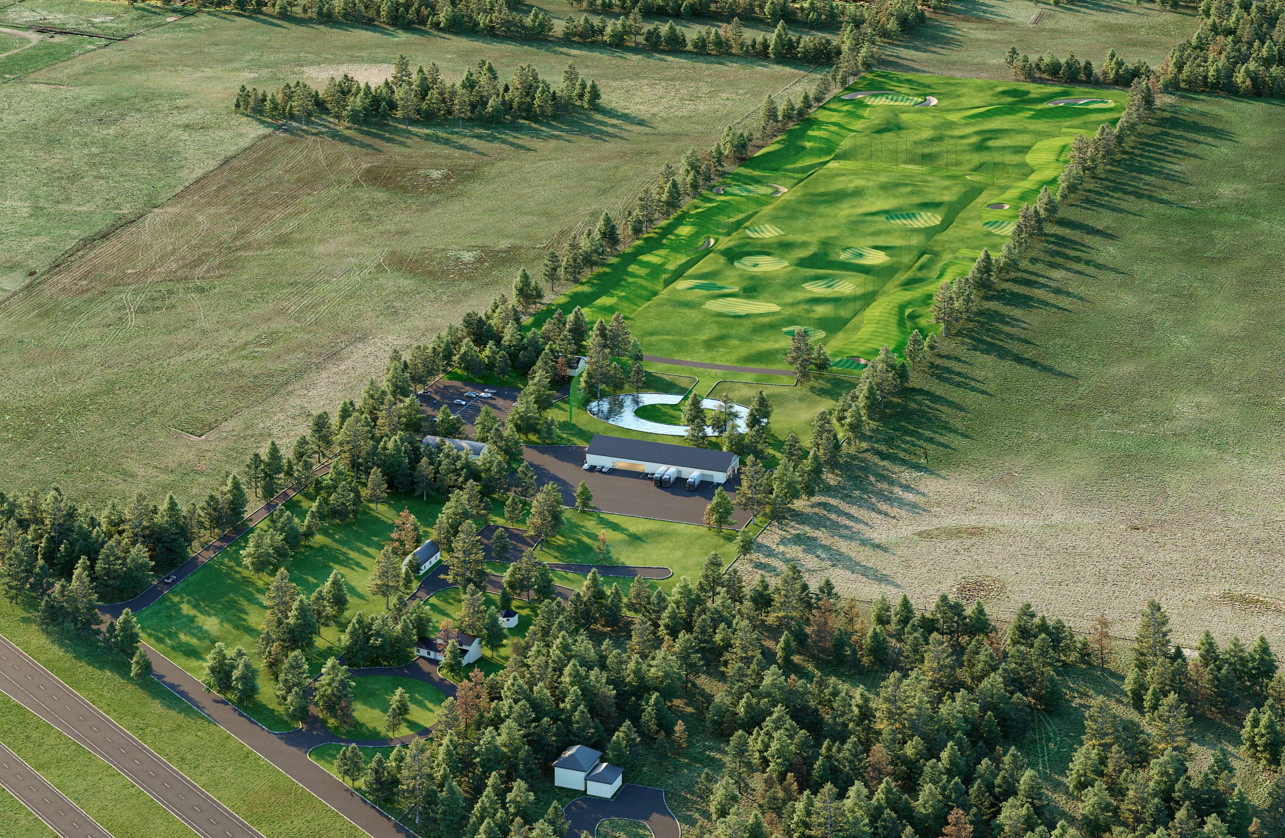 Aerial view of a large rural property with a golf course, surrounded by trees and open fields. The property includes a parking lot, buildings, a pond, a driveway, and a small lawn area.