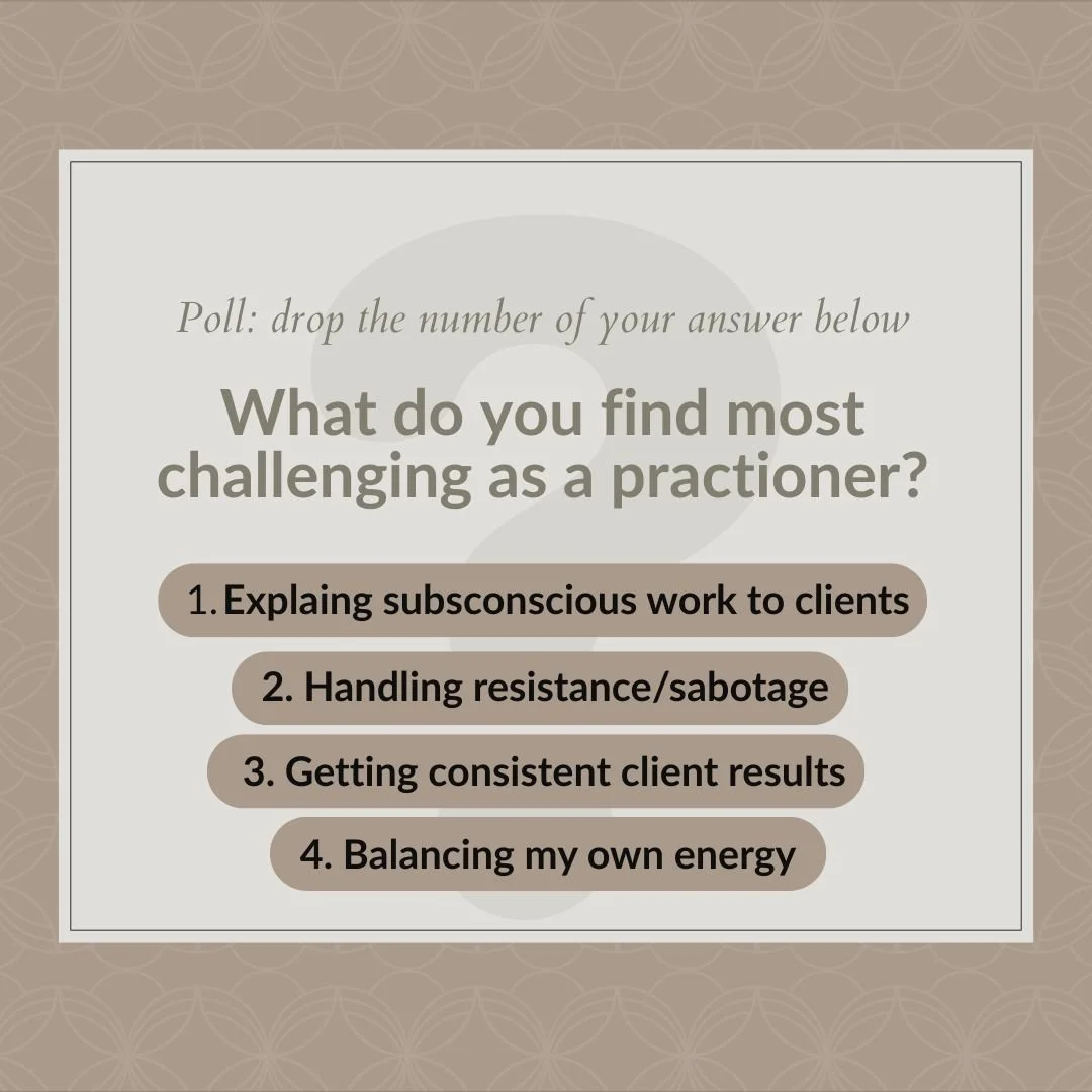 So often in this work, the challenges we face as practitioners become part of our own growth journey too. ✨ 

I&rsquo;d love to know &mdash; what feels most tender or tricky for you right now? 

🔹Explaining subconscious work to clients 
🔹Navigating