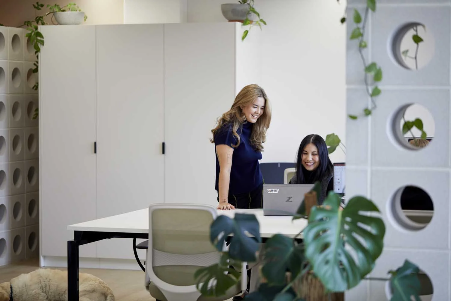 Two women look at a laptop together in an office, smiling. One is standing and leaning on the table, the other is sitting and working on the computer. The office has white cabinets, green plants, and a decorative wall with circular cutouts.