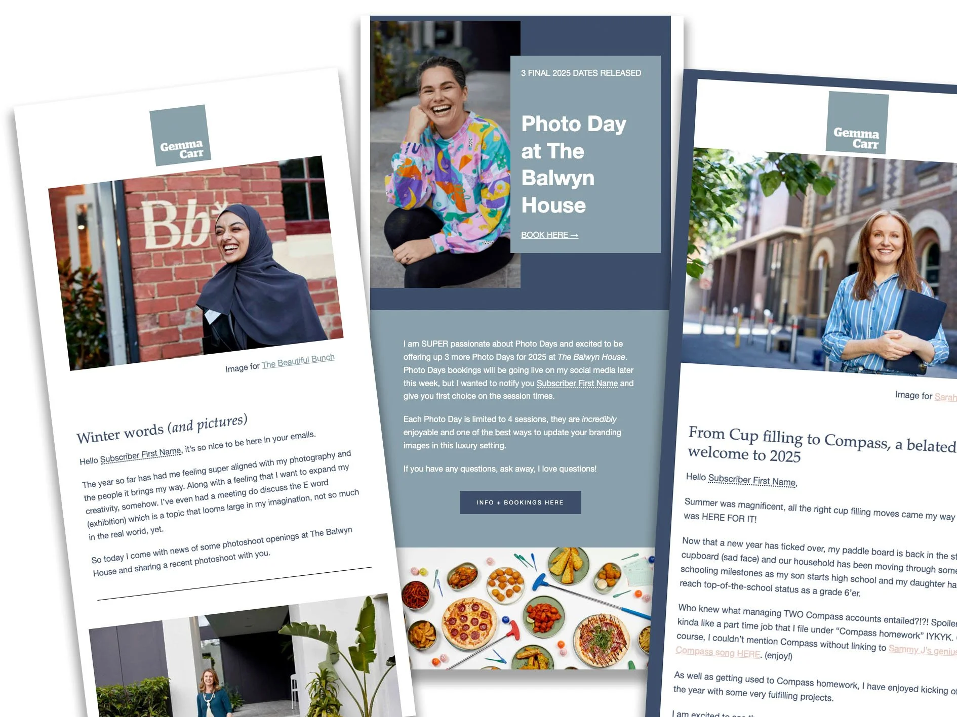 Examples of email newsletters using professional brand photography to build trust and connection with subscribers