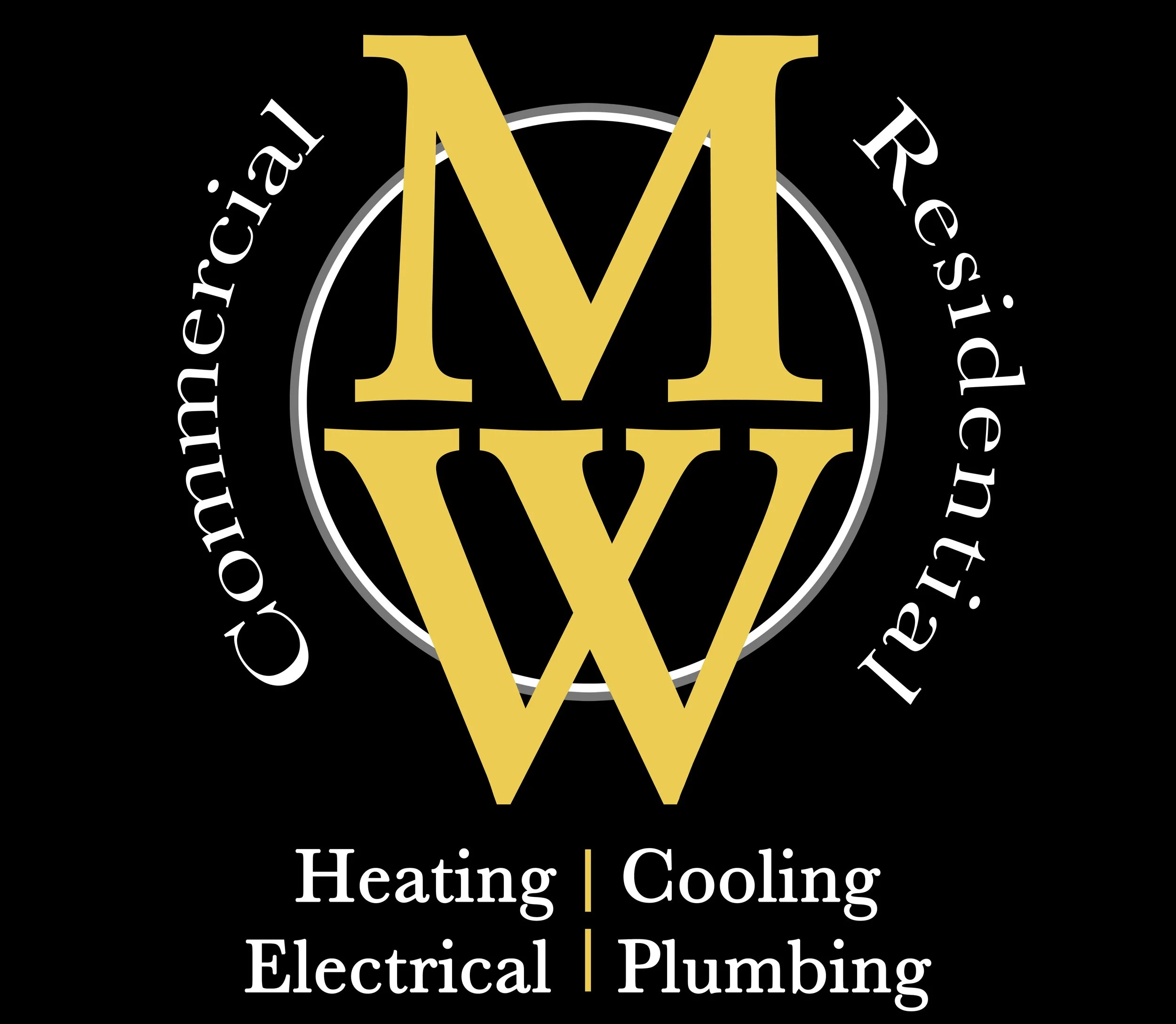 Logo of Commonwealth Mechanical, featuring a large gold 'M W' in the center. The text 'Commonwealth Mechanical' curves around the top of the logo, and at the bottom are the services offered: Heating, Cooling, Electrical, Plumbing.