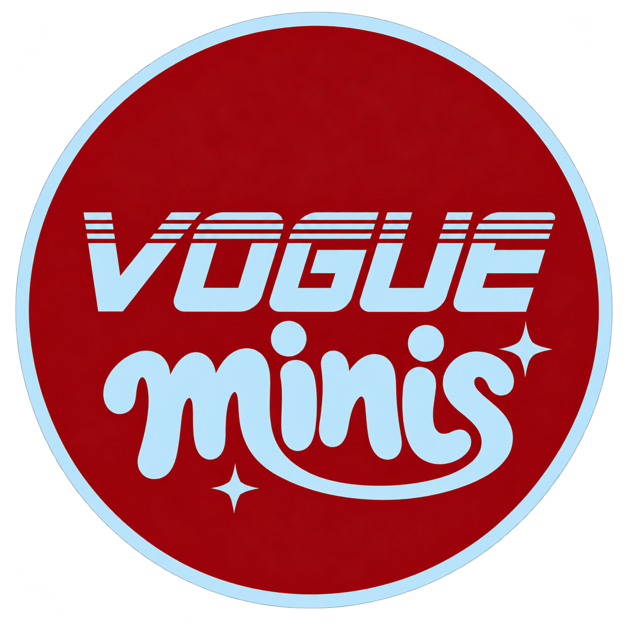 Red circular logo with the word "VOGUE" in stylized uppercase font and "mins" in cursive lowercase font, featuring small star illustrations.