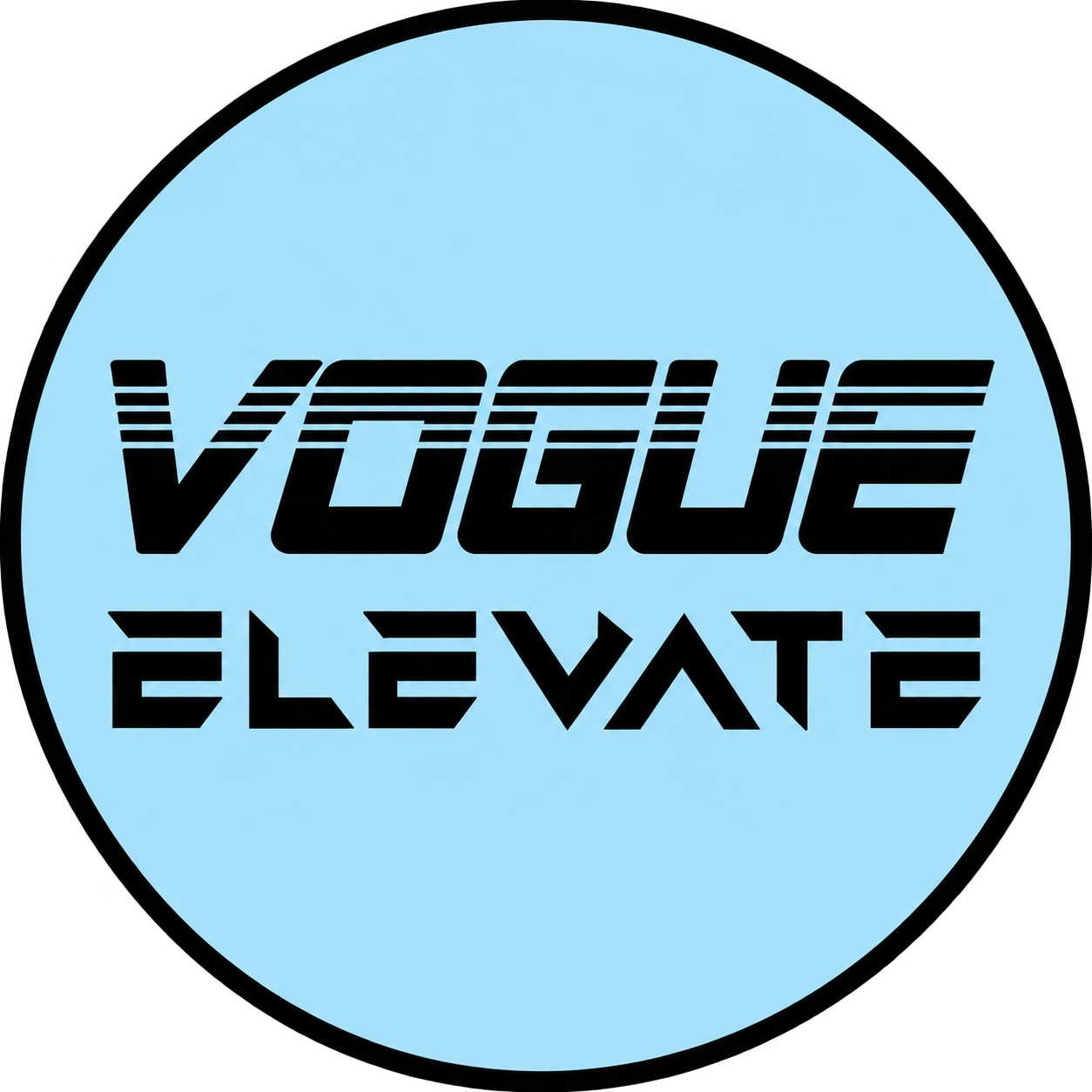 A circular logo with a blue background and black text that says 'Vogue' above 'Elevate' in a stylized, futuristic font.