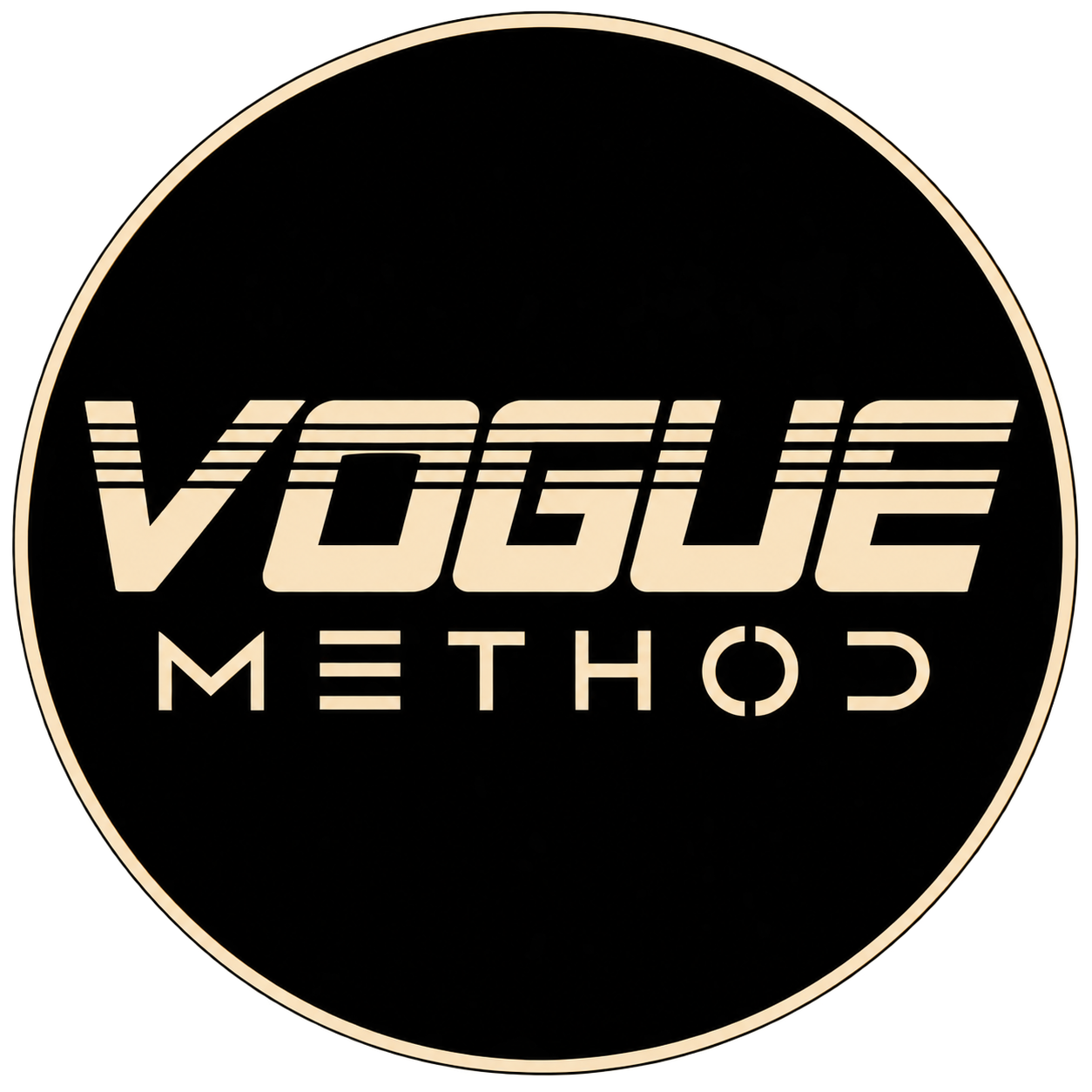 Circle logo with the words "Vogue Methods" in a modern font, black background, beige text.