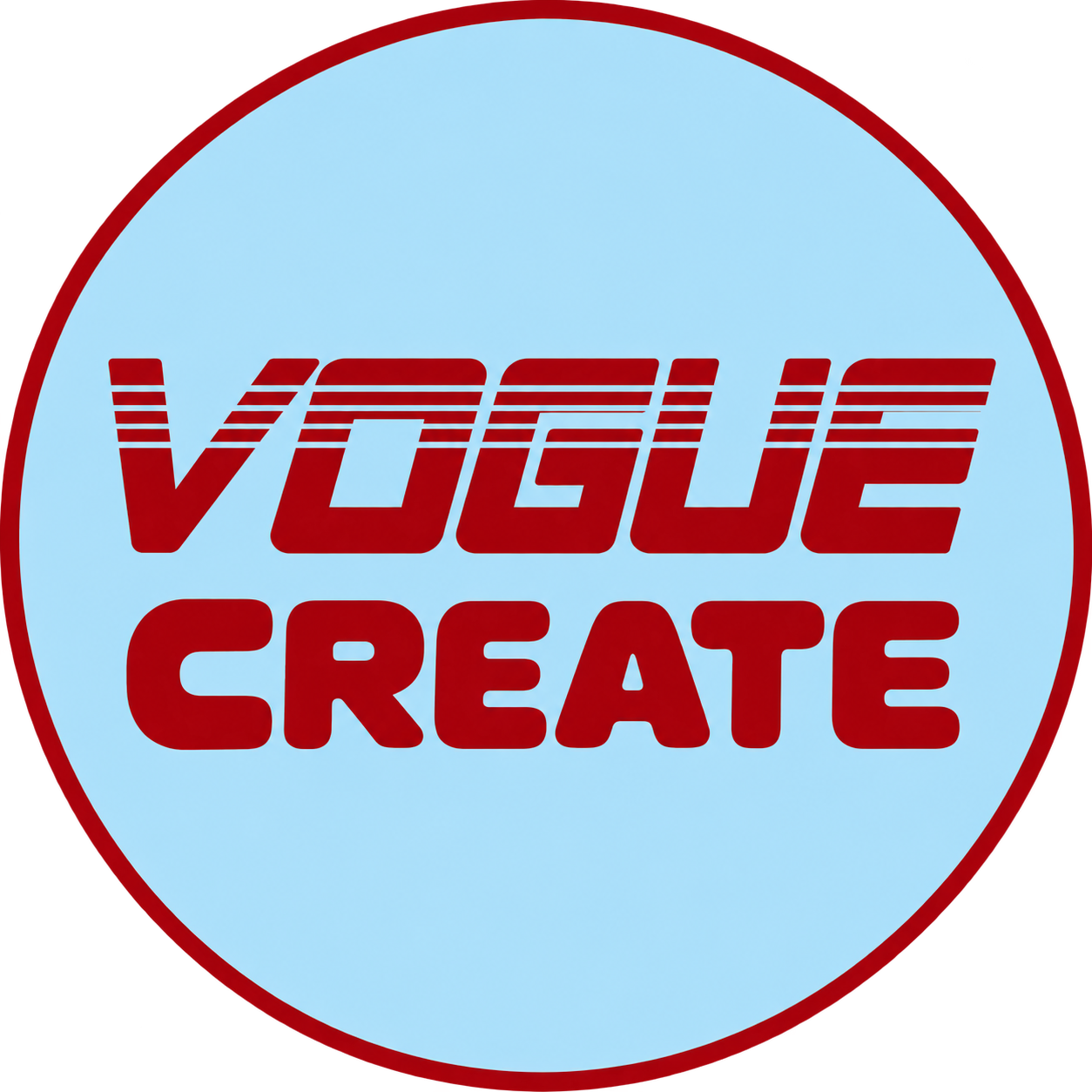 Blue circle with red text saying 'VOGUE CREATE' in stylized font.