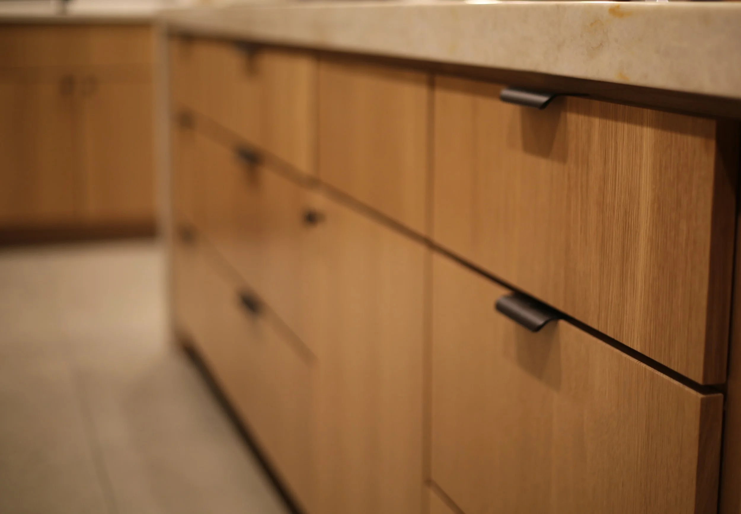 Rift sawn white oak slab cabinetry drawer faces