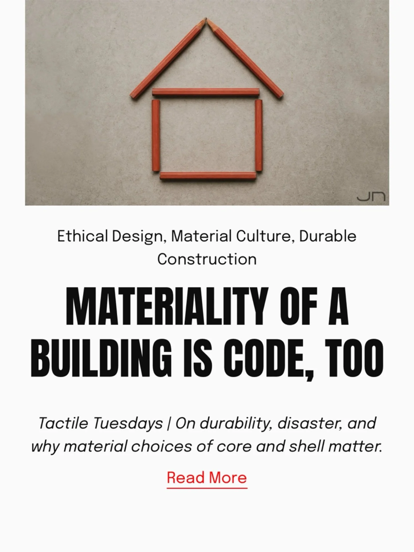 We often think of code in architecture as a checklist &mdash; fire ratings, exits, clearances.

But there&rsquo;s another kind of code &mdash; one that speaks to the body, the land, and the climate: material.

Because material is code, too.

As flood