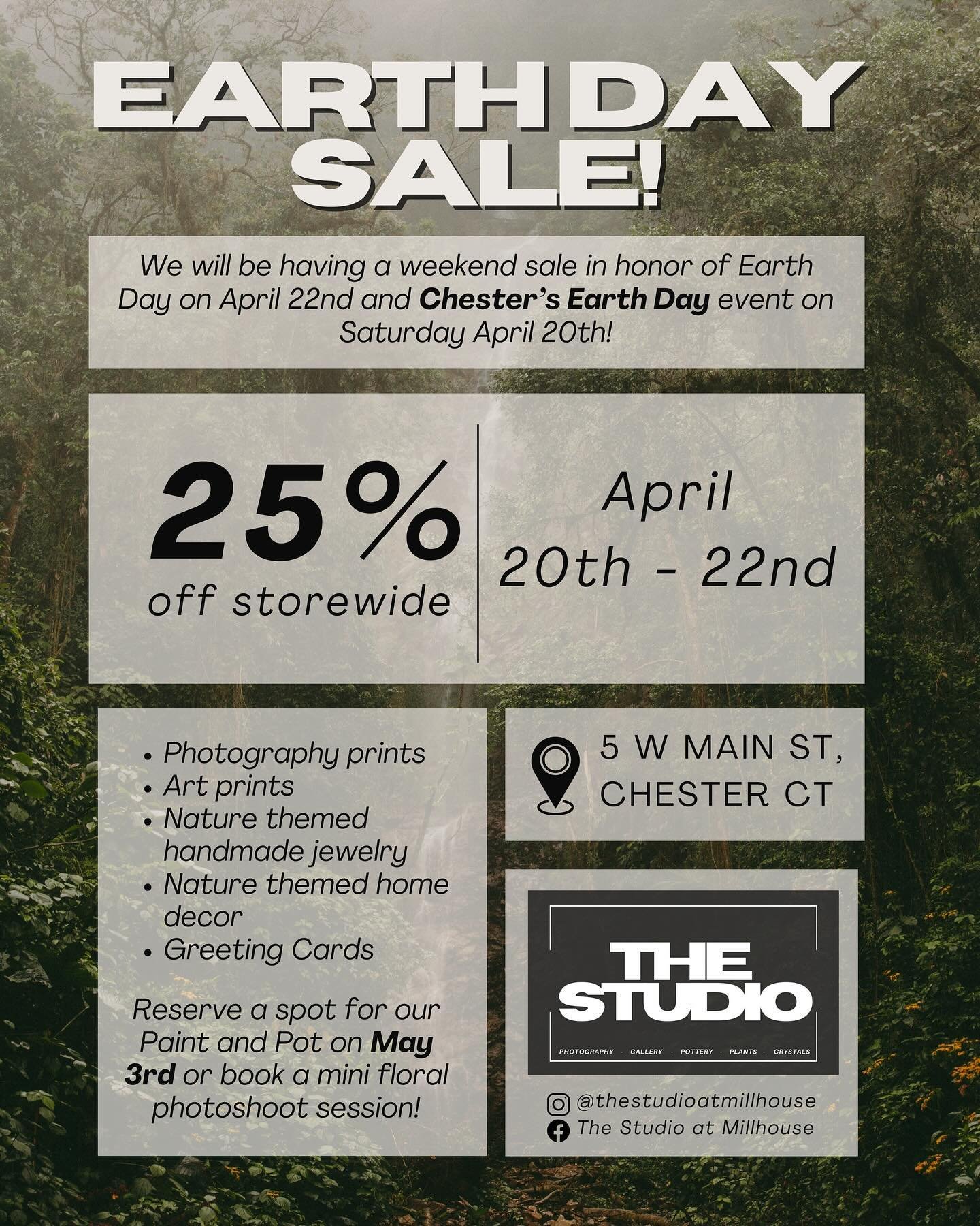 Mark your calendars for Earth Day tomorrow!! We&rsquo;ll be doing a 25% off sale in honor of 4/20 and Chester&rsquo;s Earth Day event! 🌍

Celebrate by getting yourself a photography print or some nature themed home decor! We&rsquo;ll be open 10-6 Sa