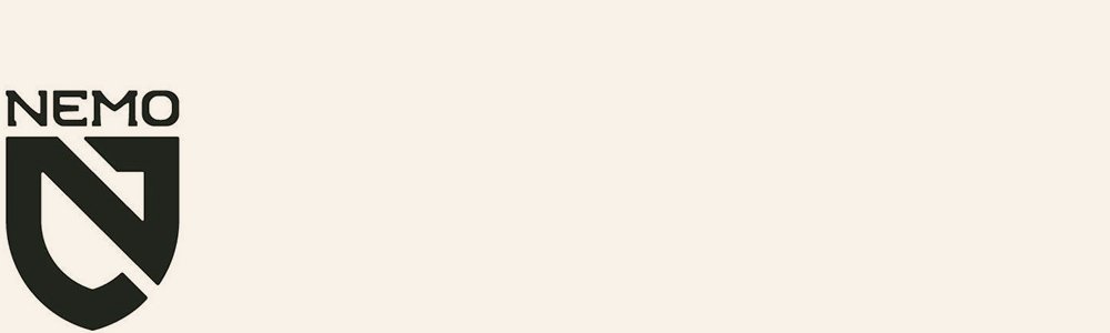 Nemo branding logo with black shield design on a cream background.