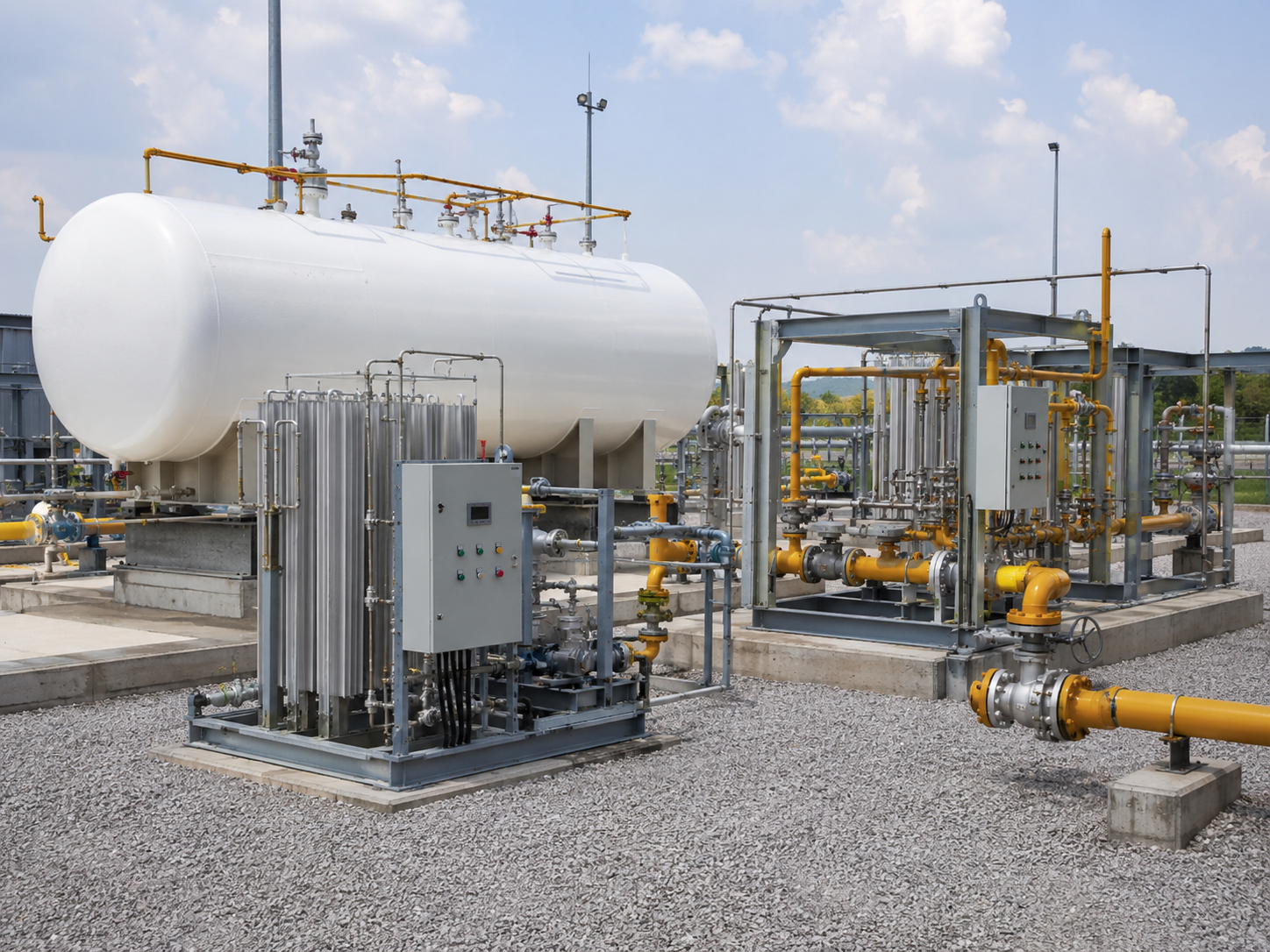 Industrial equipment with pipes, control panel, and a large white tank on a blue metal frame outside a building.