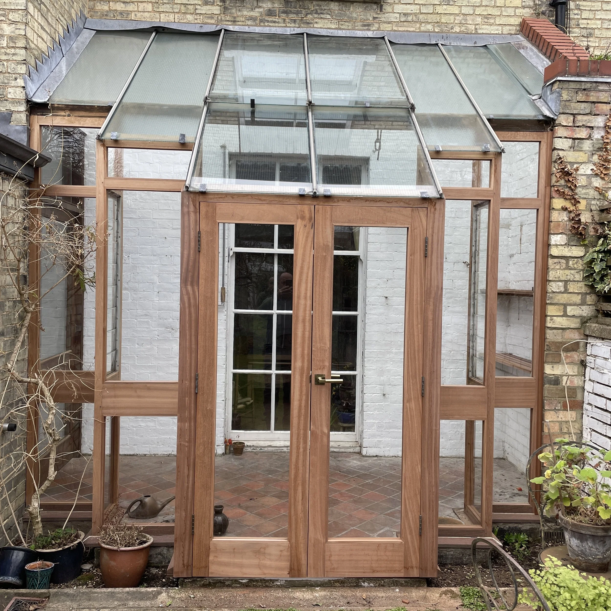Sapele, conservatory, Cambridge gardens, private commission, restoration project, rebuild, French doors, mortise and tenon