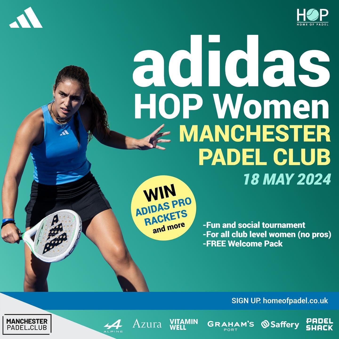 📣 Calling all club-level players 📣

Get ready for the first-ever Manchester tournament of the Adidas HOP Tour, coming to Manchester Padel Club🏆

🎾 Saturday 18th May: Adidas HOP Women Manchester
🎾 Sunday 19th May: Adidas HOP All Pairings

Click t