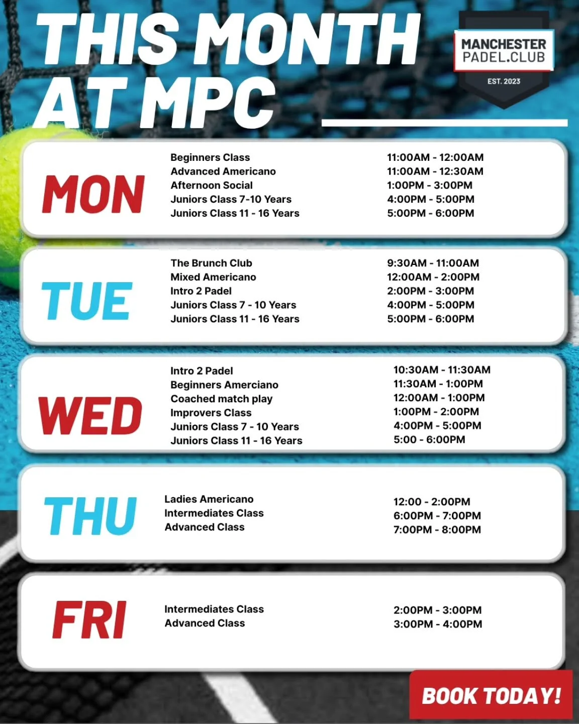 This November's Academy schedule,  Bookable Via Playtomic app.

Checkout the Manchester Padel Club club. Book a court, play a match, get involved! https://playtomic.io/tenant/811ddf98-330d-4902-939d-b5a6f2e8ff38?utm_source=app_android&amp;utm_campaig