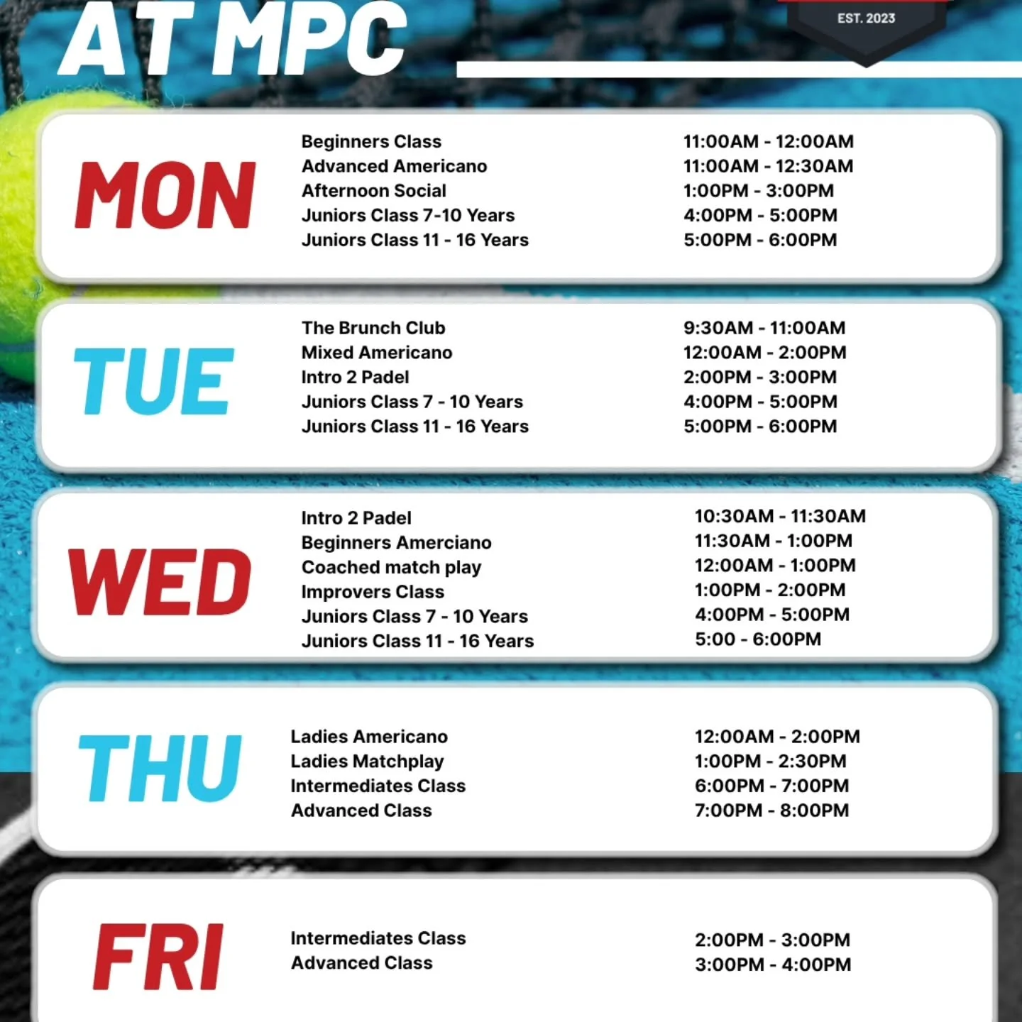 This November's Academy schedule,  Bookable Via Playtomic app.

Checkout the Manchester Padel Club club. Book a court, play a match, get involved! https://playtomic.io/tenant/811ddf98-330d-4902-939d-b5a6f2e8ff38?utm_source=app_android&amp;utm_campaig