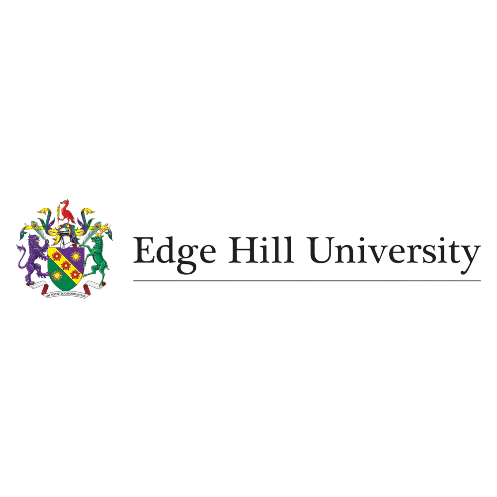 Edge Hill University logo featuring a crest with colorful heraldic lions and a banner emblem with a red cross on a green background.