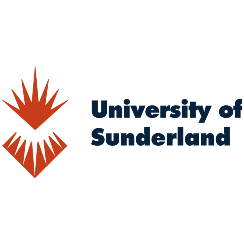 University of Sunderland logo with a stylized orange and red open book or flame icon.