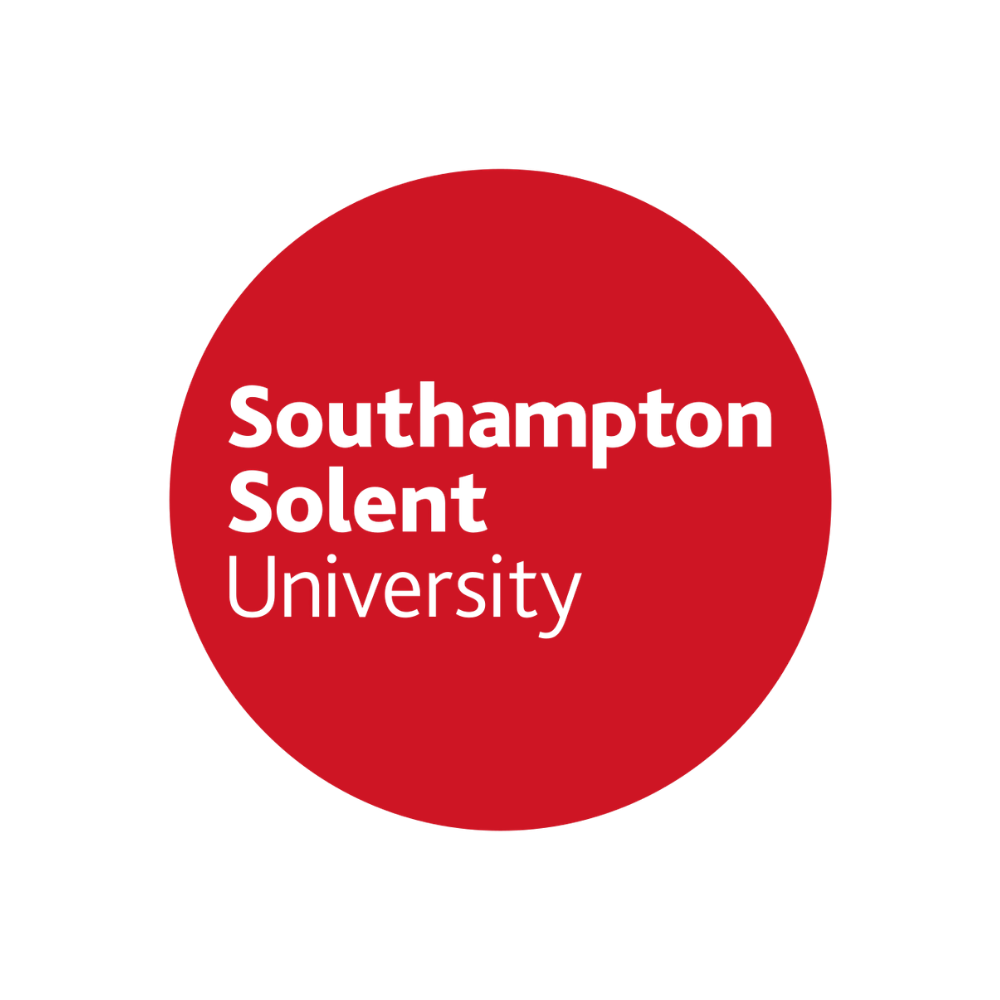 Logo with black background and a red circle containing the text 'Southampton Solent University' in black and red font.