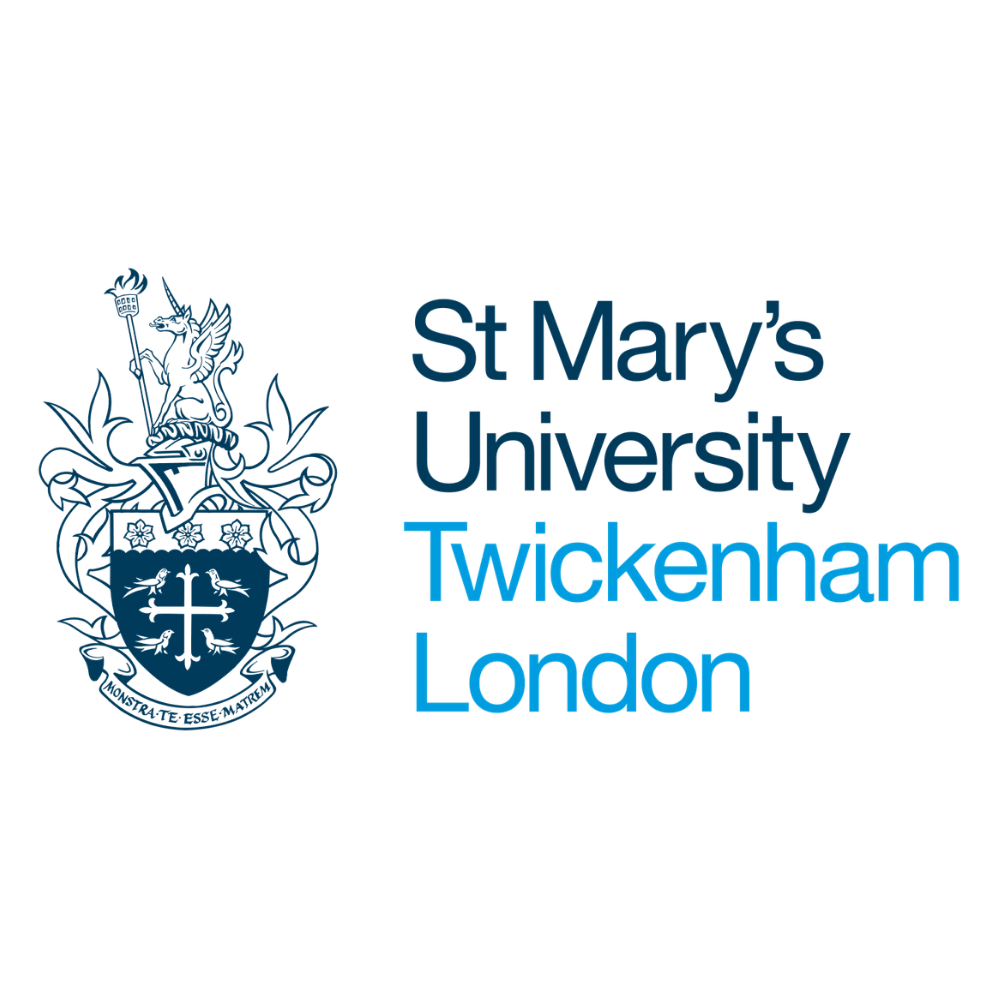 Logo of St Mary's University Twickenham London, featuring a shield with a cross, a goat, and floral elements, with the university name next to the crest in blue text.