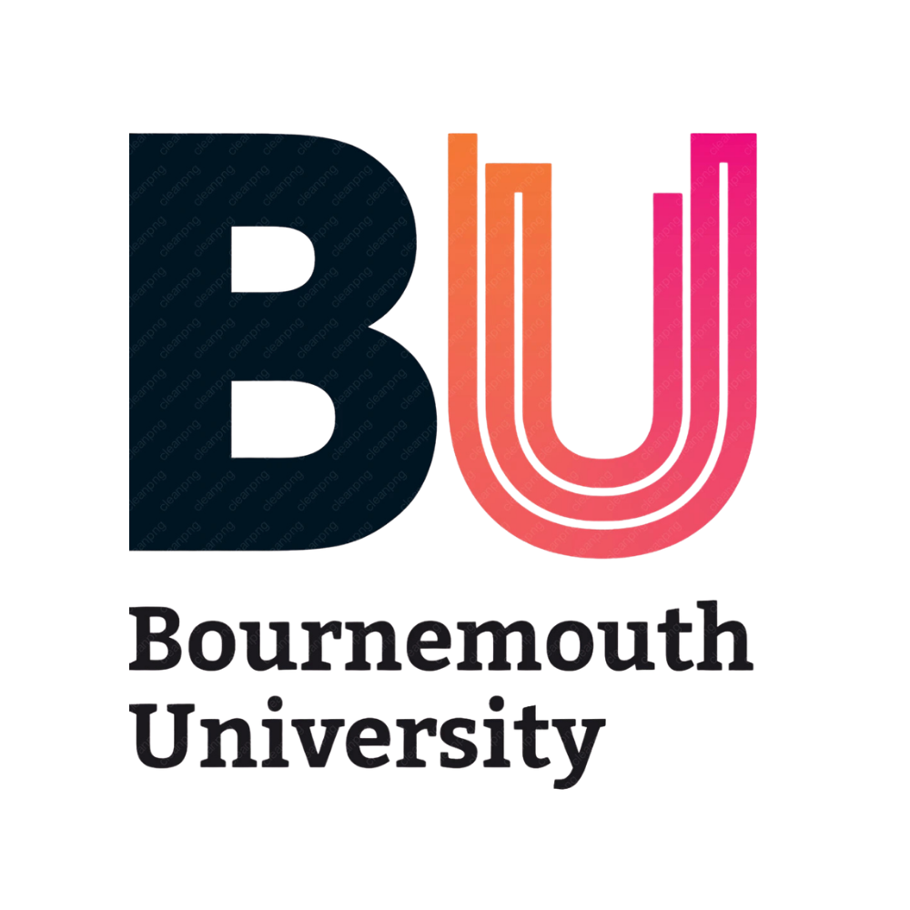 Bournemouth University logo with a large stylized letter B and U in black and orange, purple, and pink colors, with the text 'Bournemouth University' underneath.