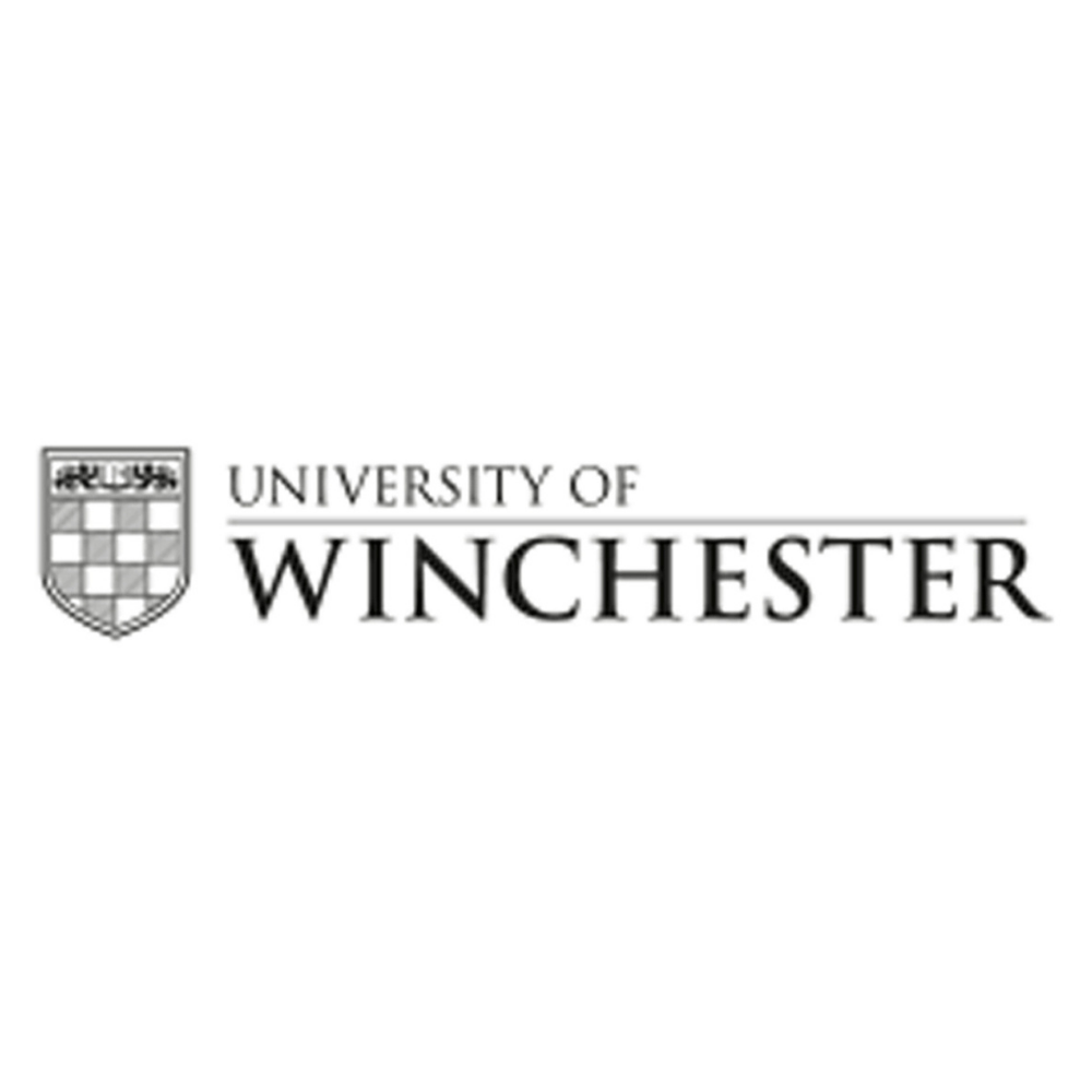 Black and white logo of the University of Winchester, featuring a shield emblem and text.