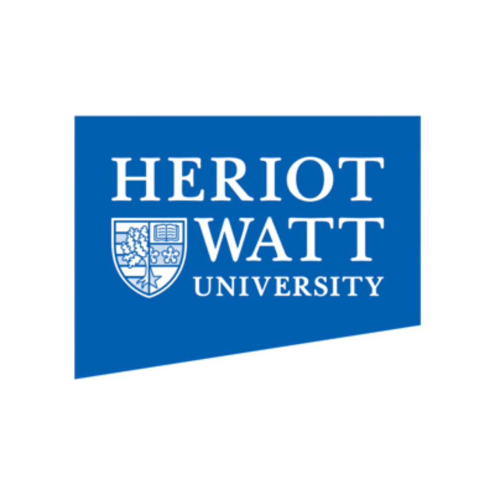 Blue logo with embossed text and a crest that reads "Heriot-Watt University."