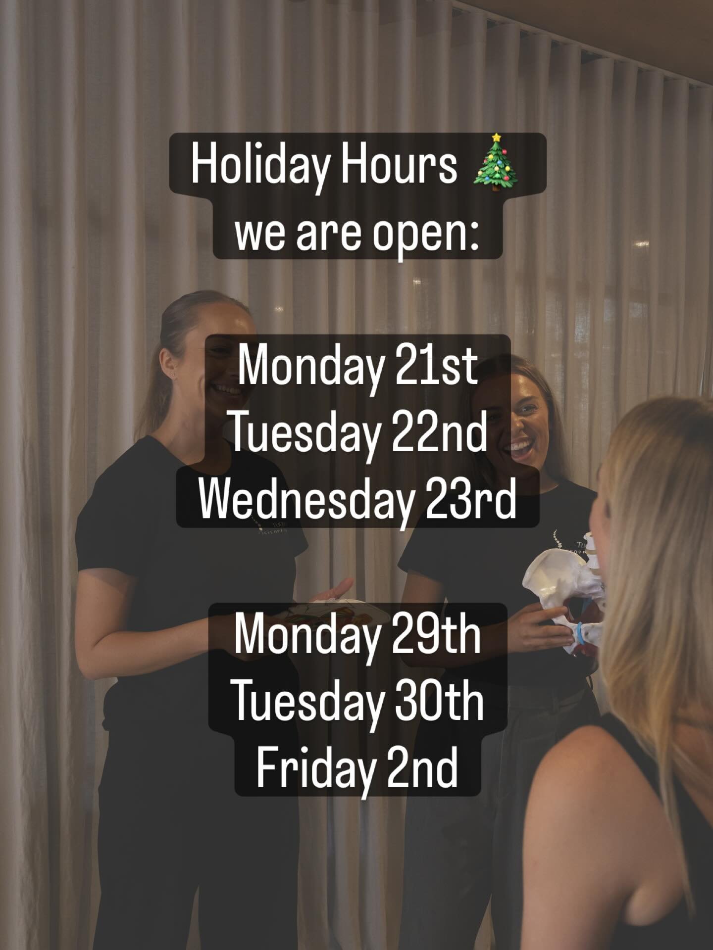 We are staying open over the Christmas/ New Year holidays to help keep you feeling your best! 🎄

We are open on:
- Mon 22nd
- Tuesday 23rd
- Wednesday 24th
- Monday 29th
- Tuesday 30th
- Friday 2nd

Wishing everyone a safe and restful break ✨