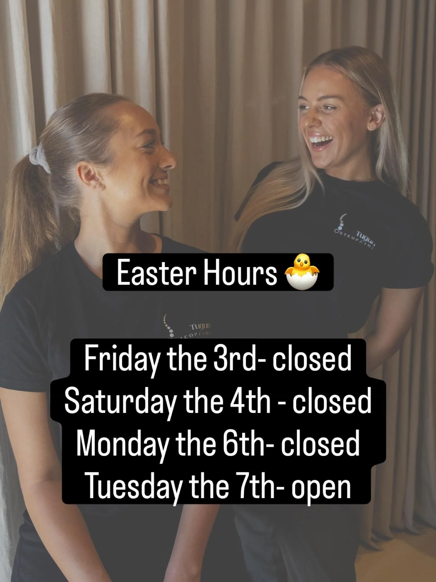Easter Hours Update 🐣
Tugun Osteopathy will be closed from Good Friday through to Easter Monday as we take a short break.
We&rsquo;ll be back and ready to help you feel your best from Tuesday!

Wishing you a safe and relaxing Easter 🤍